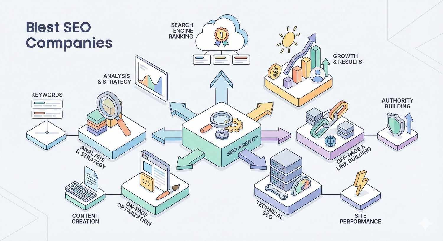 An infographic titled “Best SEO Companies” shows a central SEO agency connected to keyword research, analysis, content creation, on-page and technical SEO, link building, authority growth, site performance, and rising search rankings, illustrated with charts, icons, arrows, and upward growth graphs.