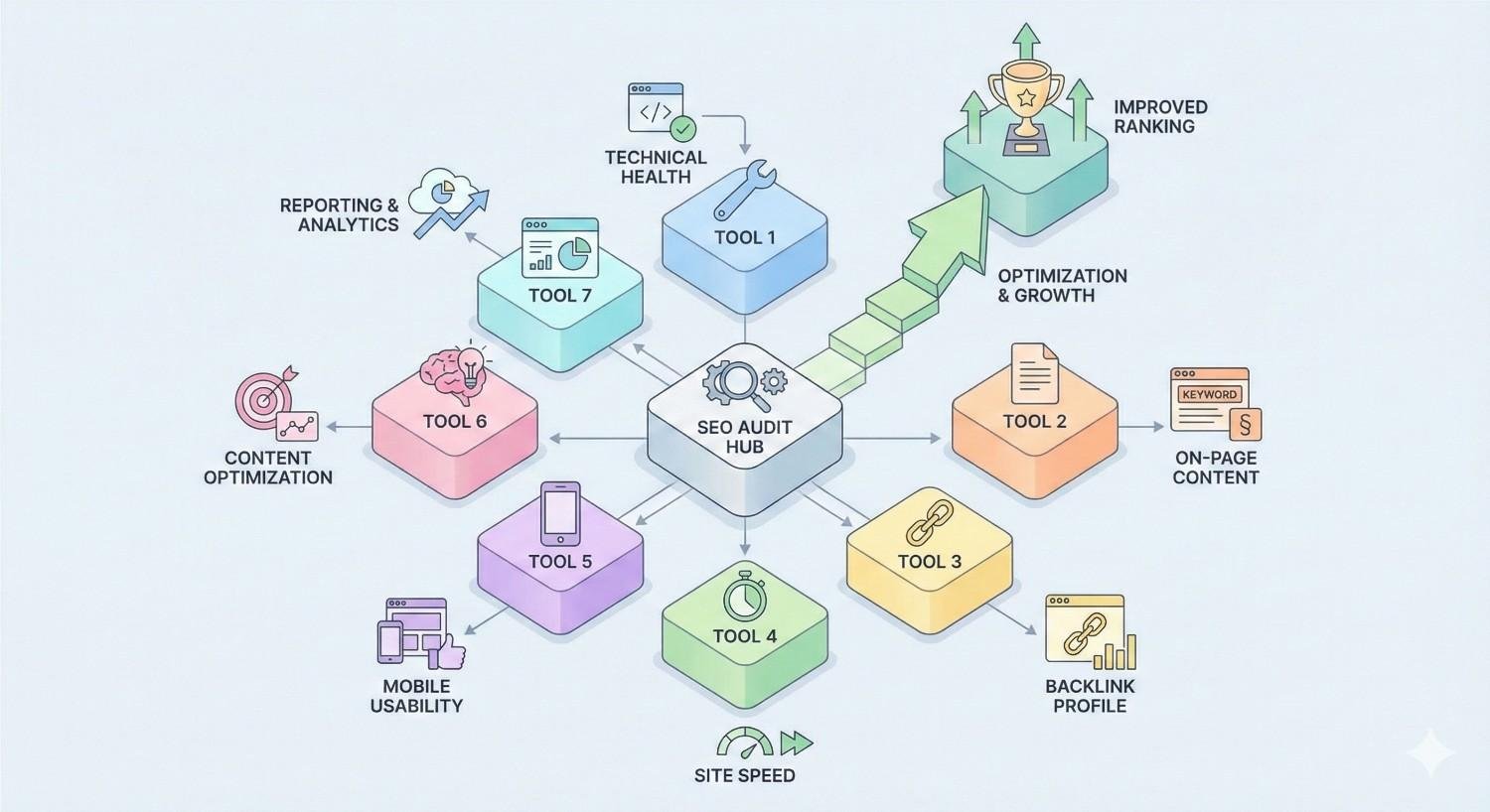 Infographic showing an SEO audit hub connected to multiple tools for technical health, on-page content, backlinks, site speed, mobile usability, content optimization, and reporting, leading through optimization and growth steps toward improved search rankings with arrows and icons.