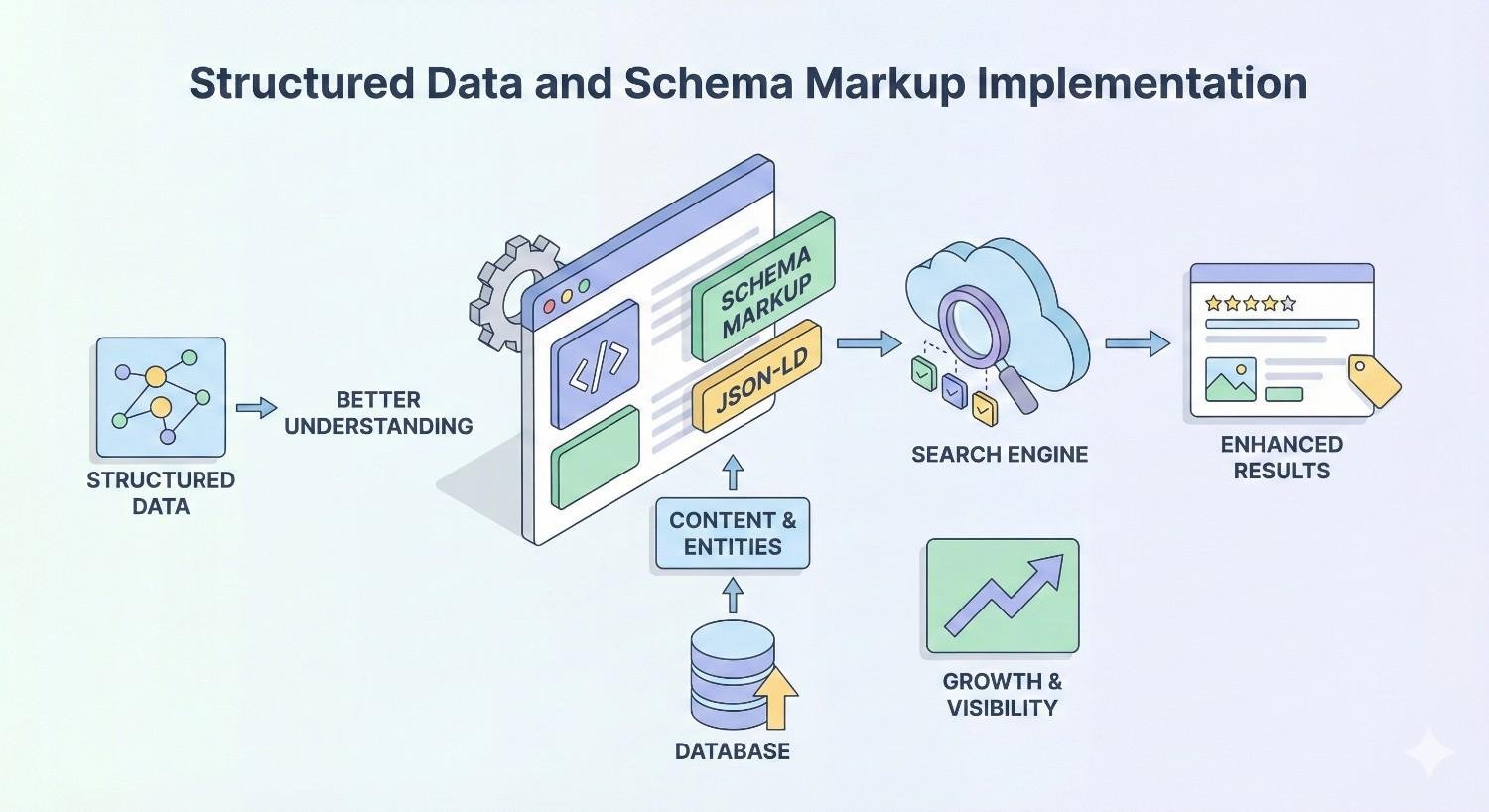Diagram titled “Structured Data and Schema Markup Implementation” showing structured data feeding JSON-LD schema on webpages, improving search engine understanding and producing enhanced results, plus growth and visibility metrics supported by content, entities, and databases.