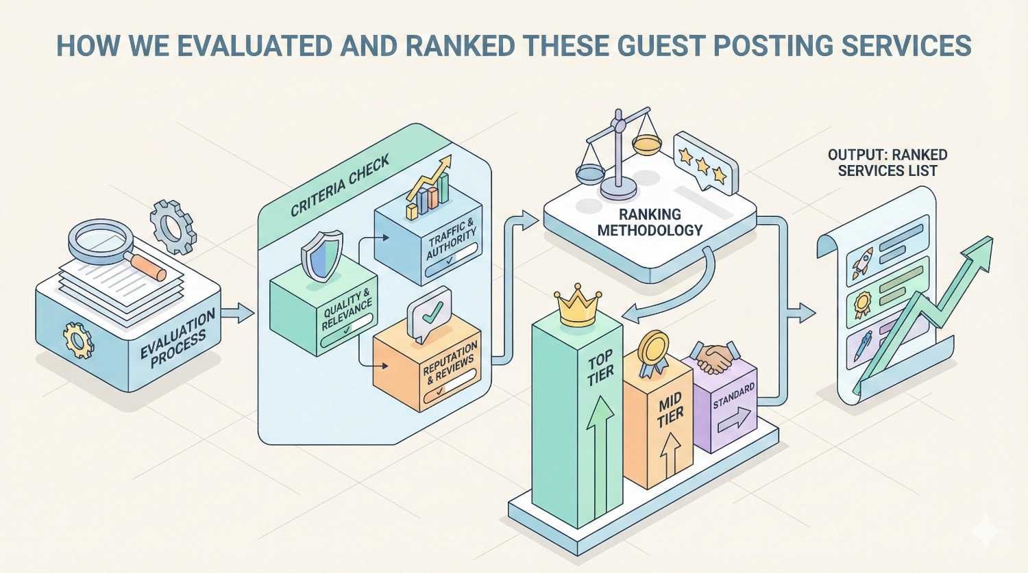 An infographic titled “How We Evaluated and Ranked These Guest Posting Services” showing an evaluation process, criteria checks for quality, traffic, and reputation, a ranking methodology with tiers, and an output panel displaying a ranked services list with growth arrows.