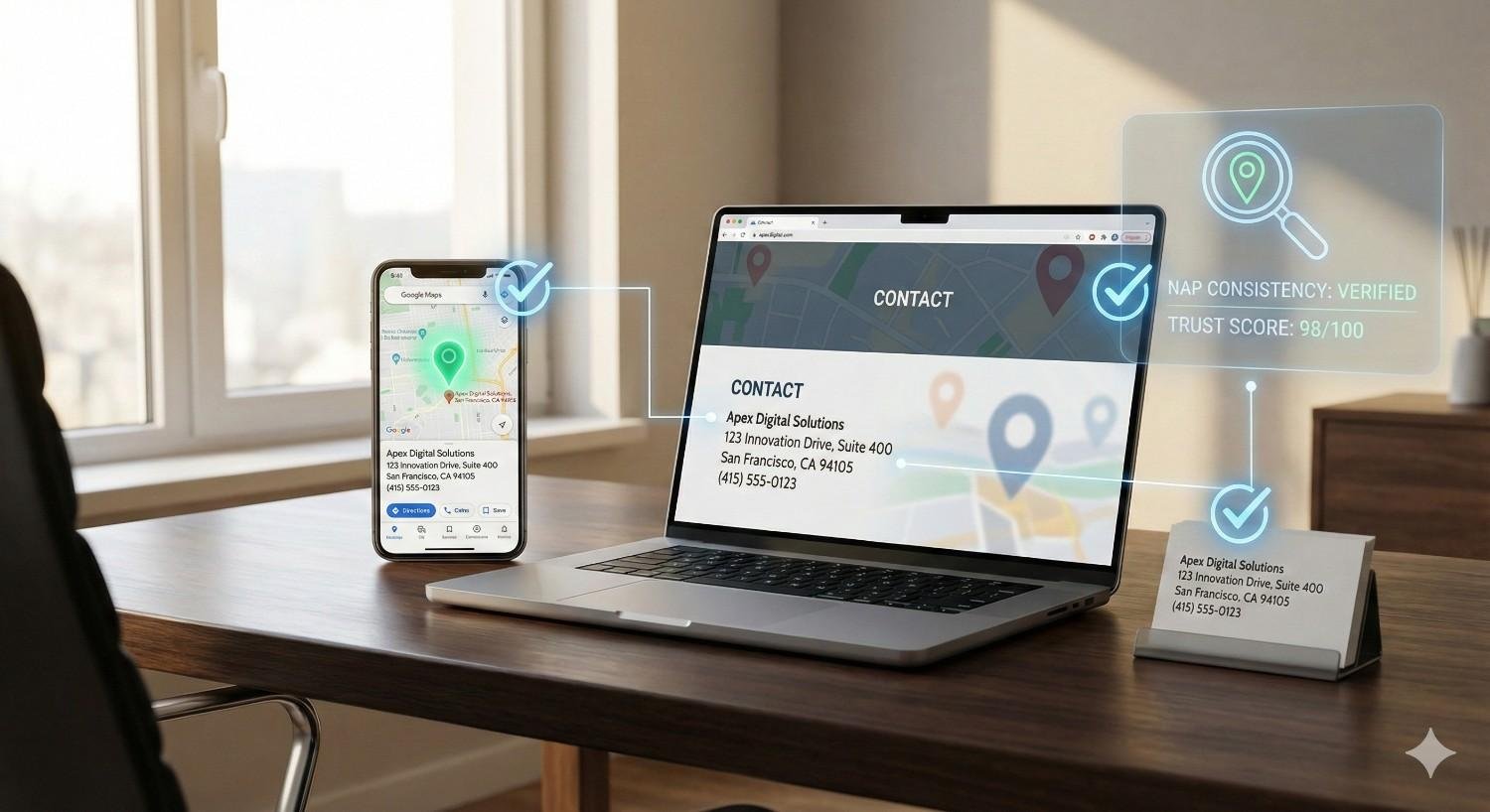 Laptop and smartphone on a desk display a business contact page and Google Maps listing with verified checkmarks, showing address and phone details, NAP consistency, trust score overlay, and local SEO validation graphics in a bright office setting.