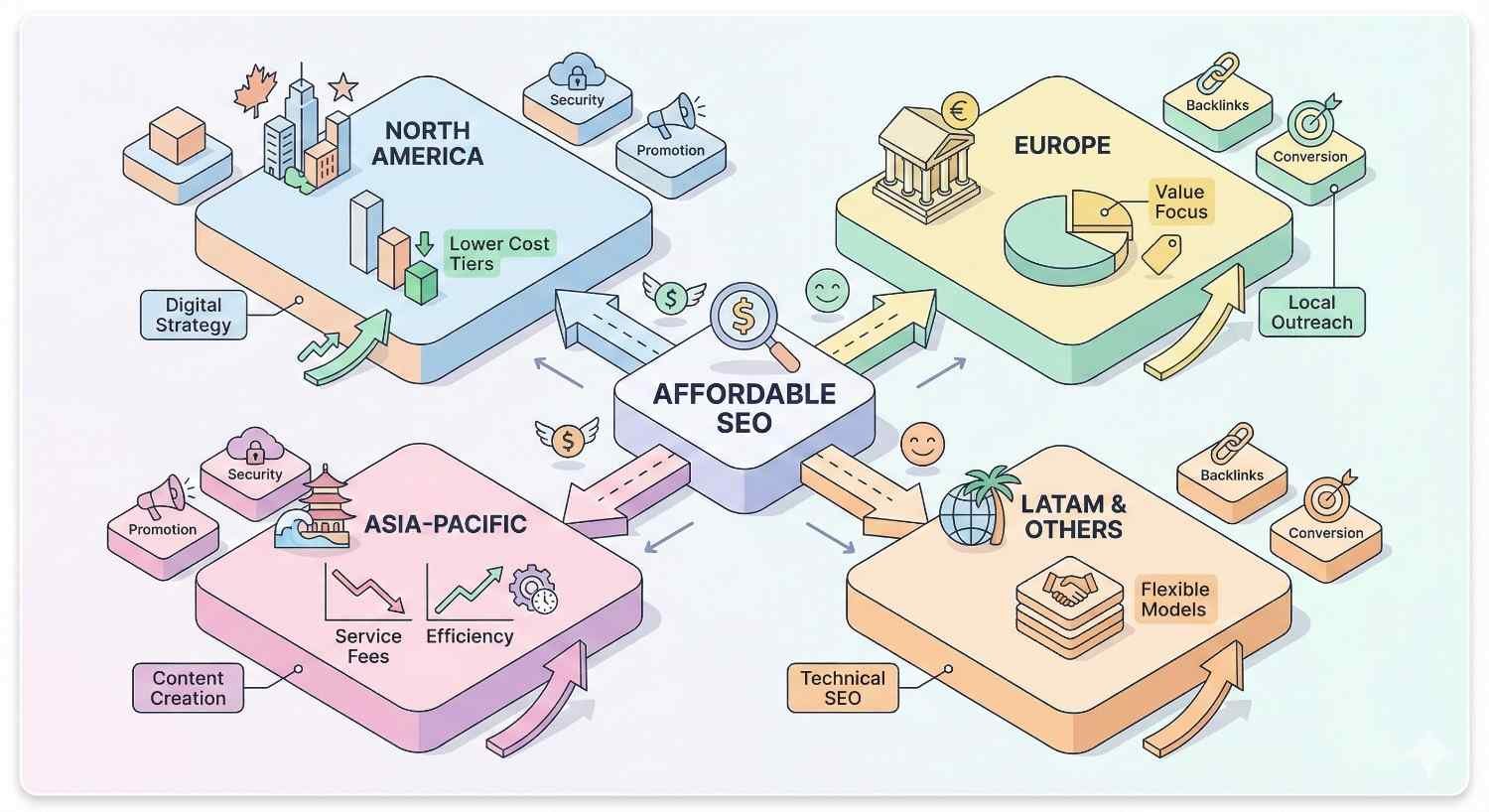 World map–style infographic centered on “Affordable SEO,” comparing North America, Europe, Asia-Pacific, and LATAM with icons for pricing, security, backlinks, conversions, technical SEO, local outreach, efficiency, and flexible service models.