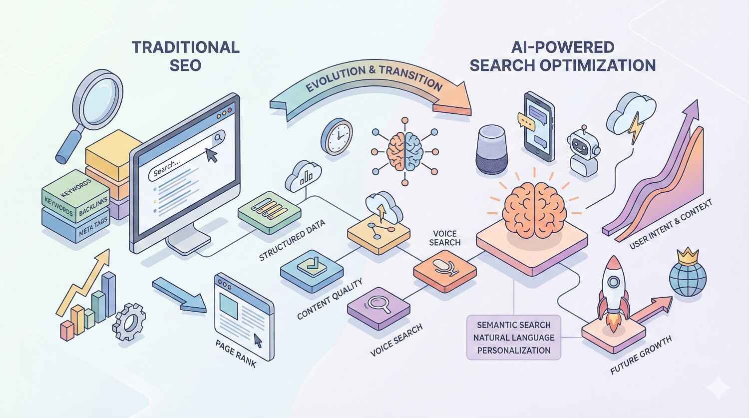 Split infographic comparing traditional SEO with keywords, backlinks, page rank, and structured data versus AI-powered search optimization featuring semantic search, voice search, user intent, personalization, and future growth, connected by an “evolution and transition” arrow with icons and charts.