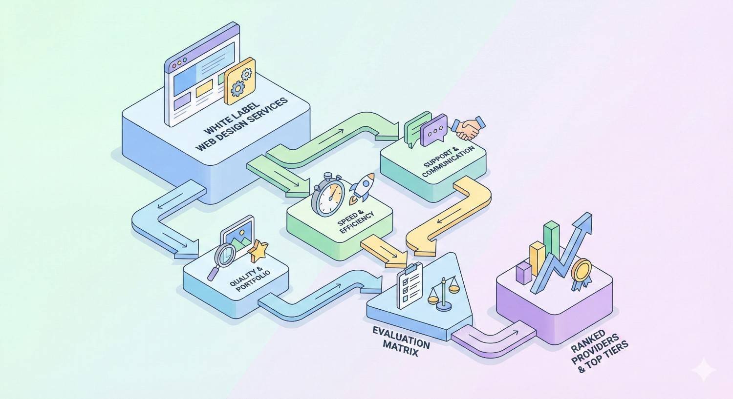 An infographic showing a white-label web design workflow connecting quality portfolio review, speed and efficiency, support and communication, and an evaluation matrix, leading to ranked providers and top tiers, illustrated with arrows, icons, and pastel-colored 3D blocks.
