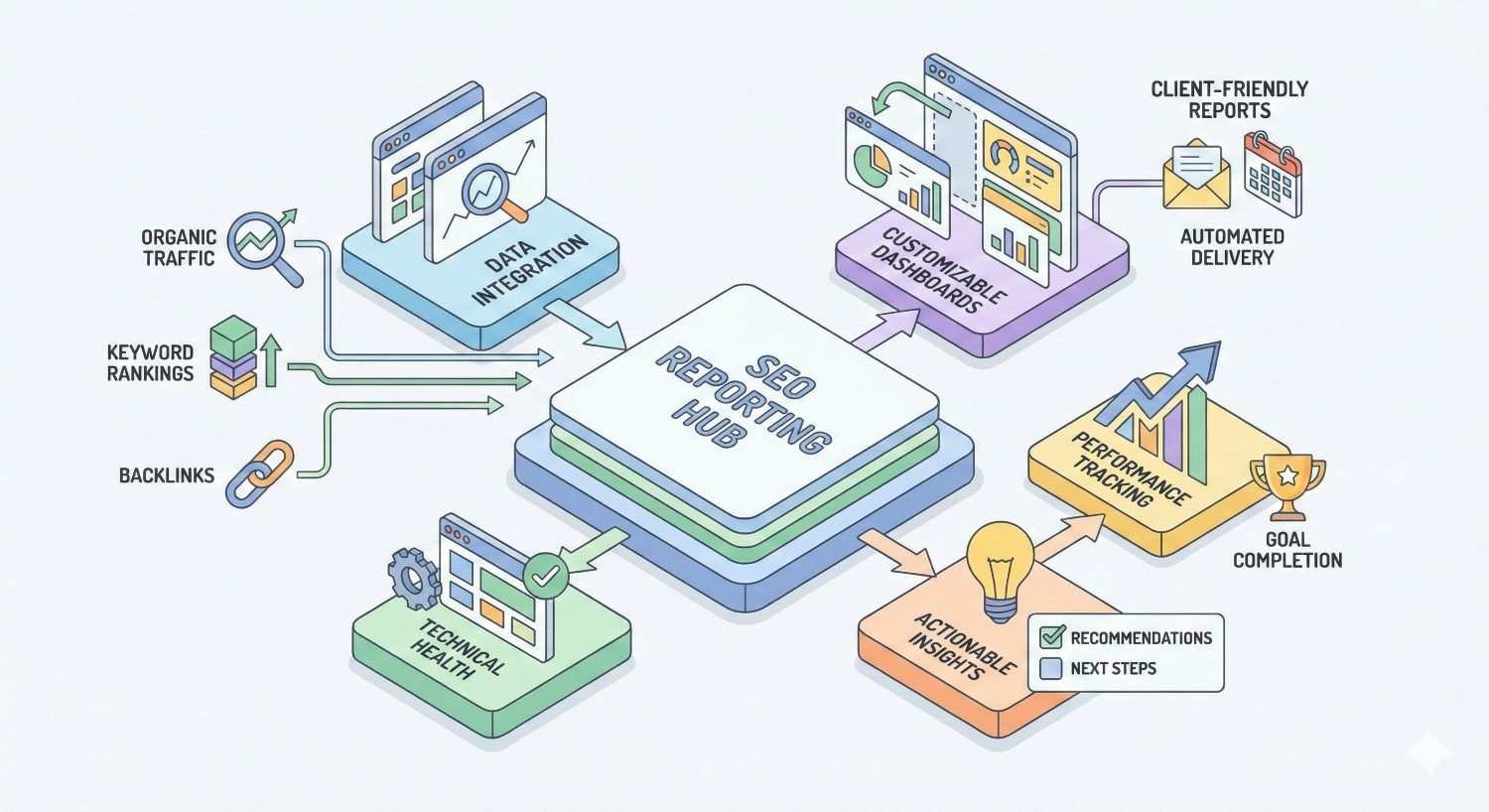 An illustration of an SEO reporting hub connects data integration, keyword rankings, backlinks, organic traffic, technical health, customizable dashboards, automated client reports, performance tracking, actionable insights, recommendations, and goal completion icons arranged around a central platform.