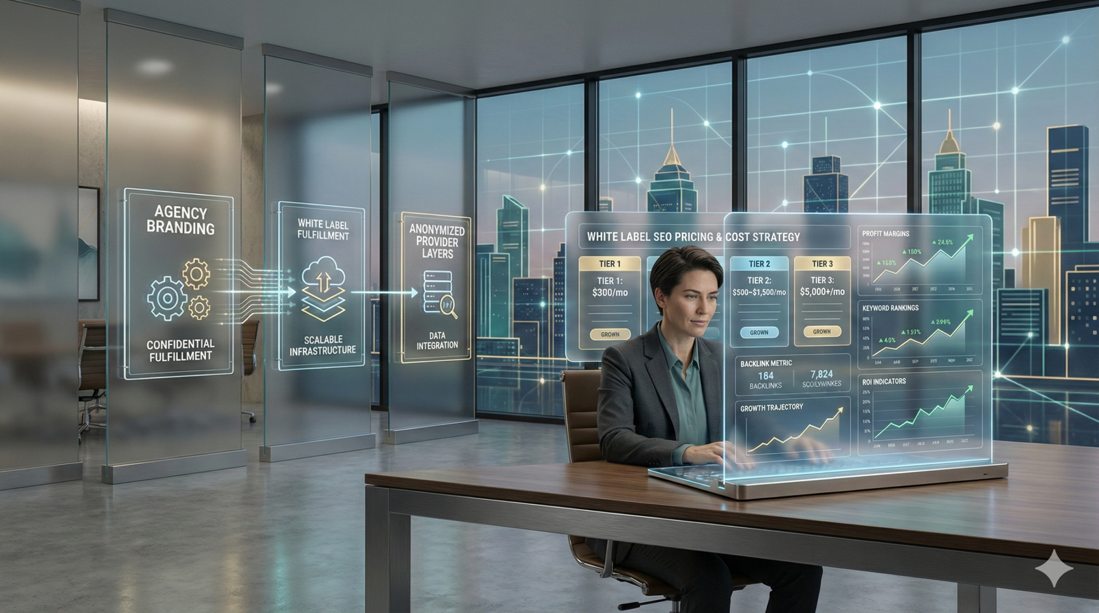 Marketing professional reviewing white label SEO pricing and cost strategy dashboards in a modern office, showing agency branding, fulfillment workflows, tiered pricing, and growth metrics, representing scalable white label SEO services, transparent cost structures, and data-driven agency operations.