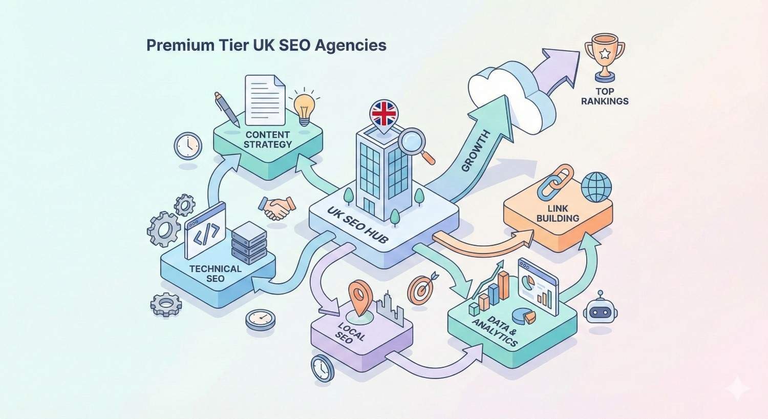 Infographic titled “Premium Tier UK SEO Agencies” showing a central UK SEO hub connected to content strategy, technical SEO, local SEO, data analytics, and link building, with arrows indicating growth toward top rankings and trophy icons.
