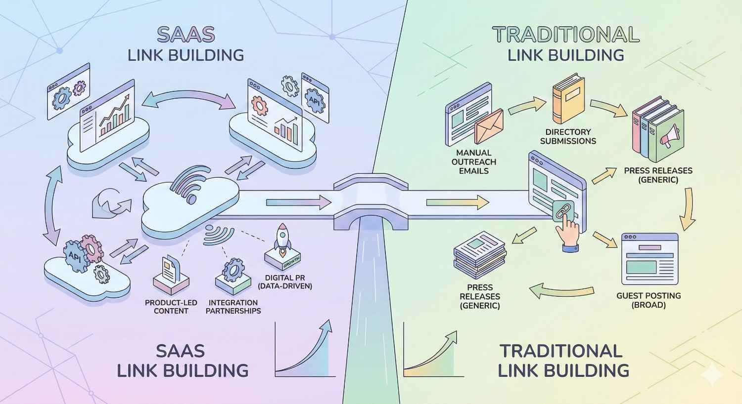 A split infographic comparing SaaS link building with traditional methods, showing cloud-based partnerships, product-led content, and data-driven PR on one side, versus manual outreach, directory submissions, press releases, and broad guest posting on the other, connected by a central bridge graphic.