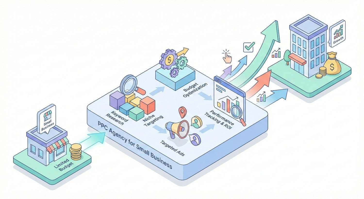 Isometric illustration of a PPC agency helping a small business with limited budget through keyword research, niche targeting, targeted ads, budget optimization, and performance tracking, leading to company growth, higher ROI, and revenue shown with arrows, charts, and icons.