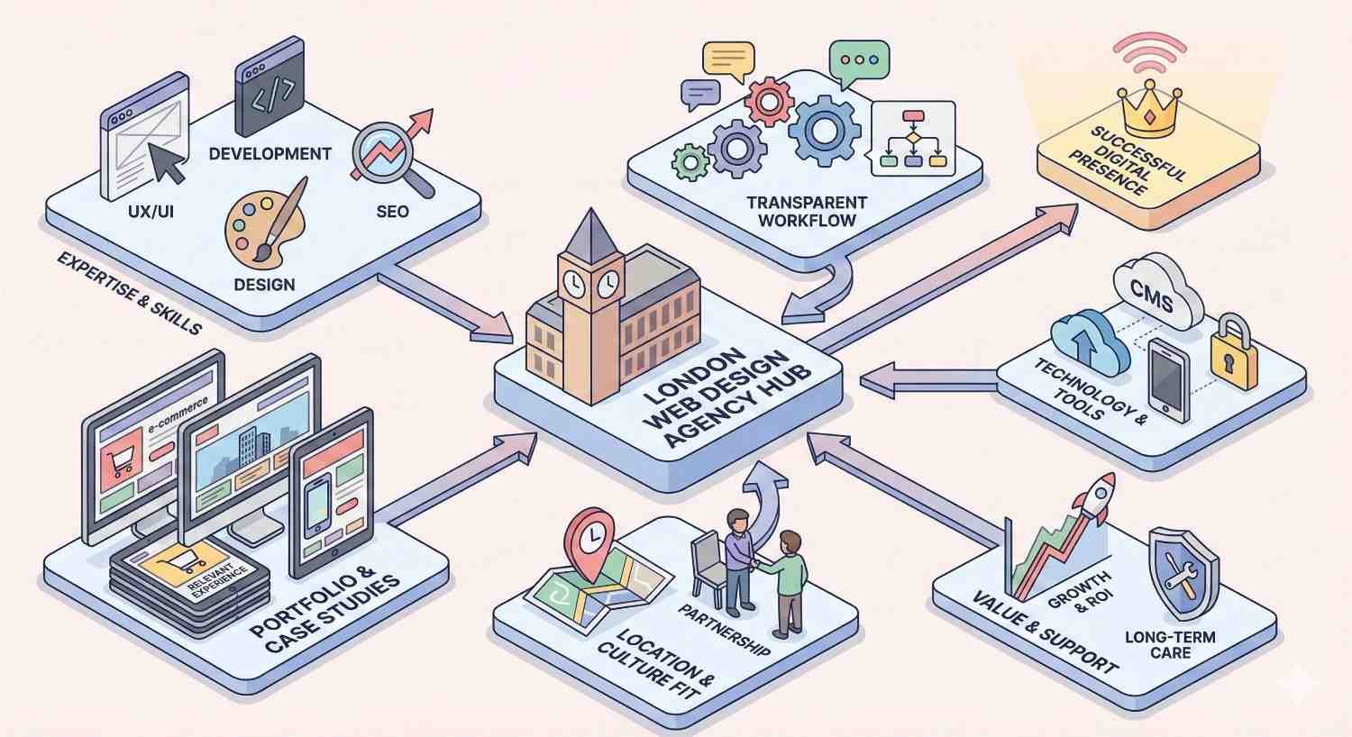 Isometric illustration of a “London Web Design Agency Hub” at the center, connected to expertise and skills, transparent workflow, technology tools, successful digital presence, portfolios, partnerships, and long-term growth, shown with arrows, buildings, gears, screens, maps, trophies, and charts representing agency evaluation factors.