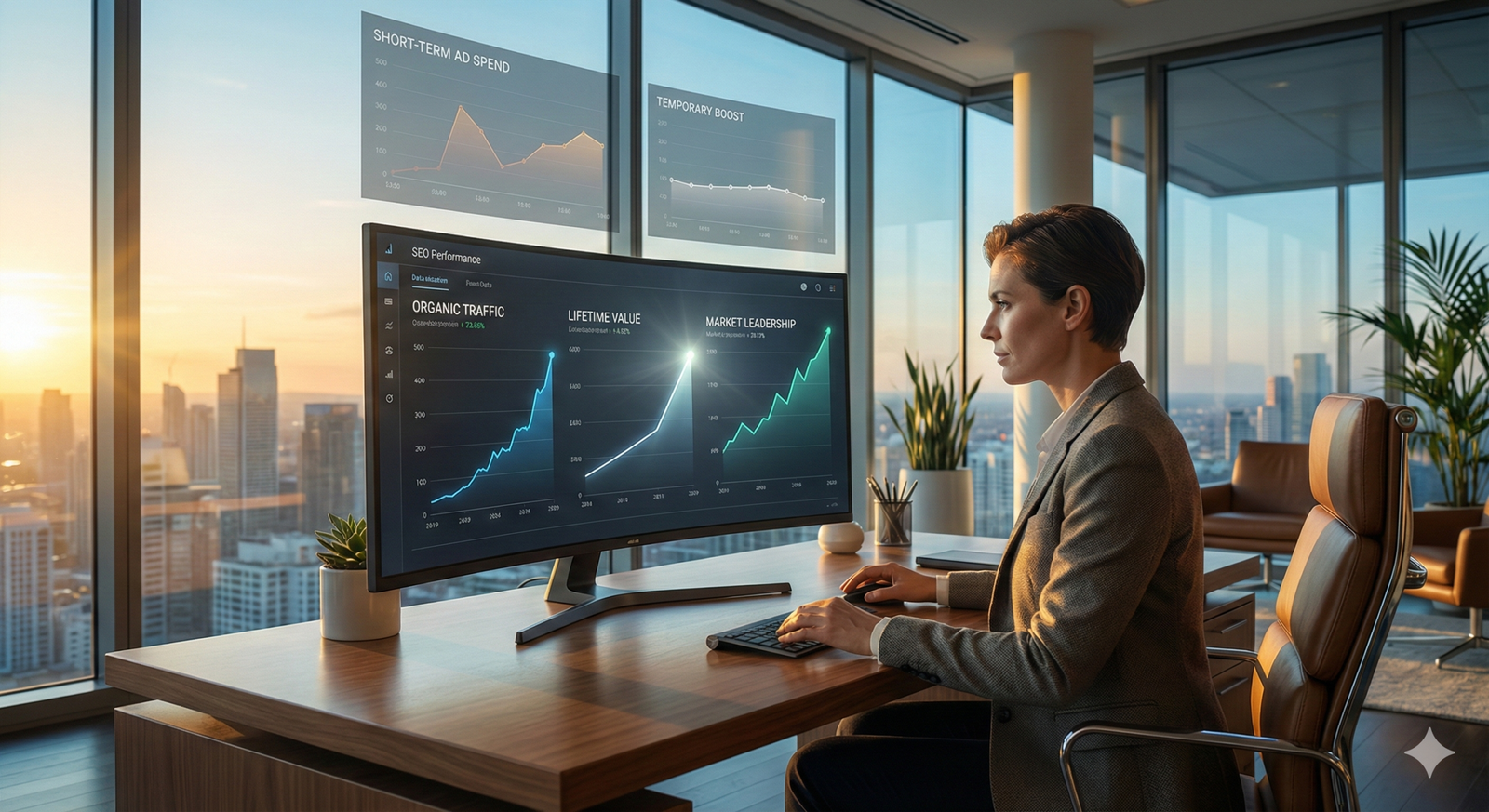 Business professional working at a desk in a high-rise office with city skyline views, studying large monitors displaying SEO performance charts, organic traffic growth, ad spend trends, and market leadership metrics in a modern, sunlit workspace.