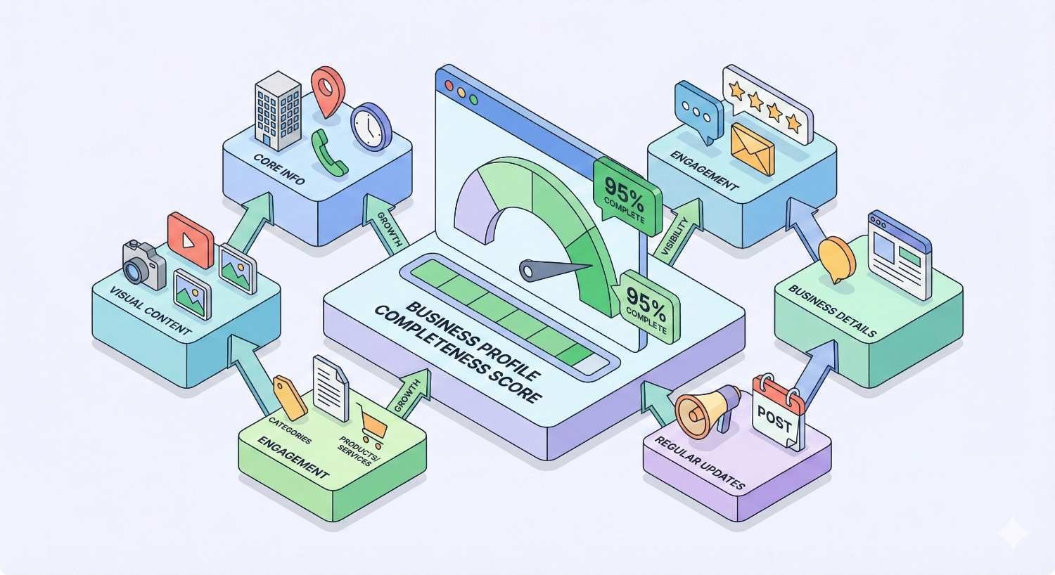 Isometric infographic of a business profile completeness score meter at 95 percent, surrounded by blocks for core info, visual content, engagement, business details, regular updates, and customer interaction, showing how profile optimization improves visibility and local search performance.