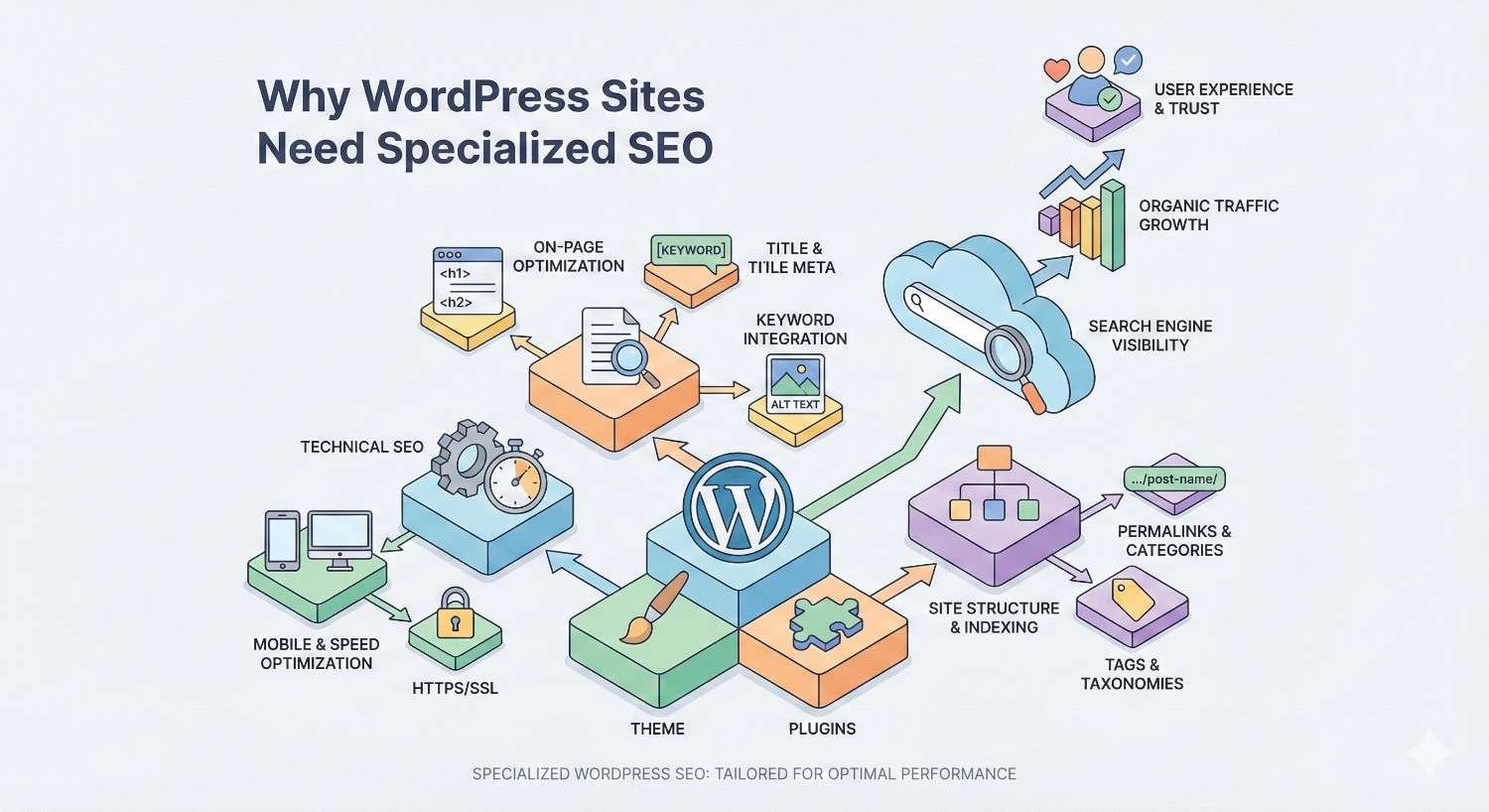 Illustration titled “Why WordPress Sites Need Specialized SEO” showing a WordPress logo surrounded by icons for technical SEO, mobile speed, HTTPS, plugins, themes, site structure, permalinks, keywords, on-page optimization, traffic growth, search visibility, and user trust, with arrows linking elements.