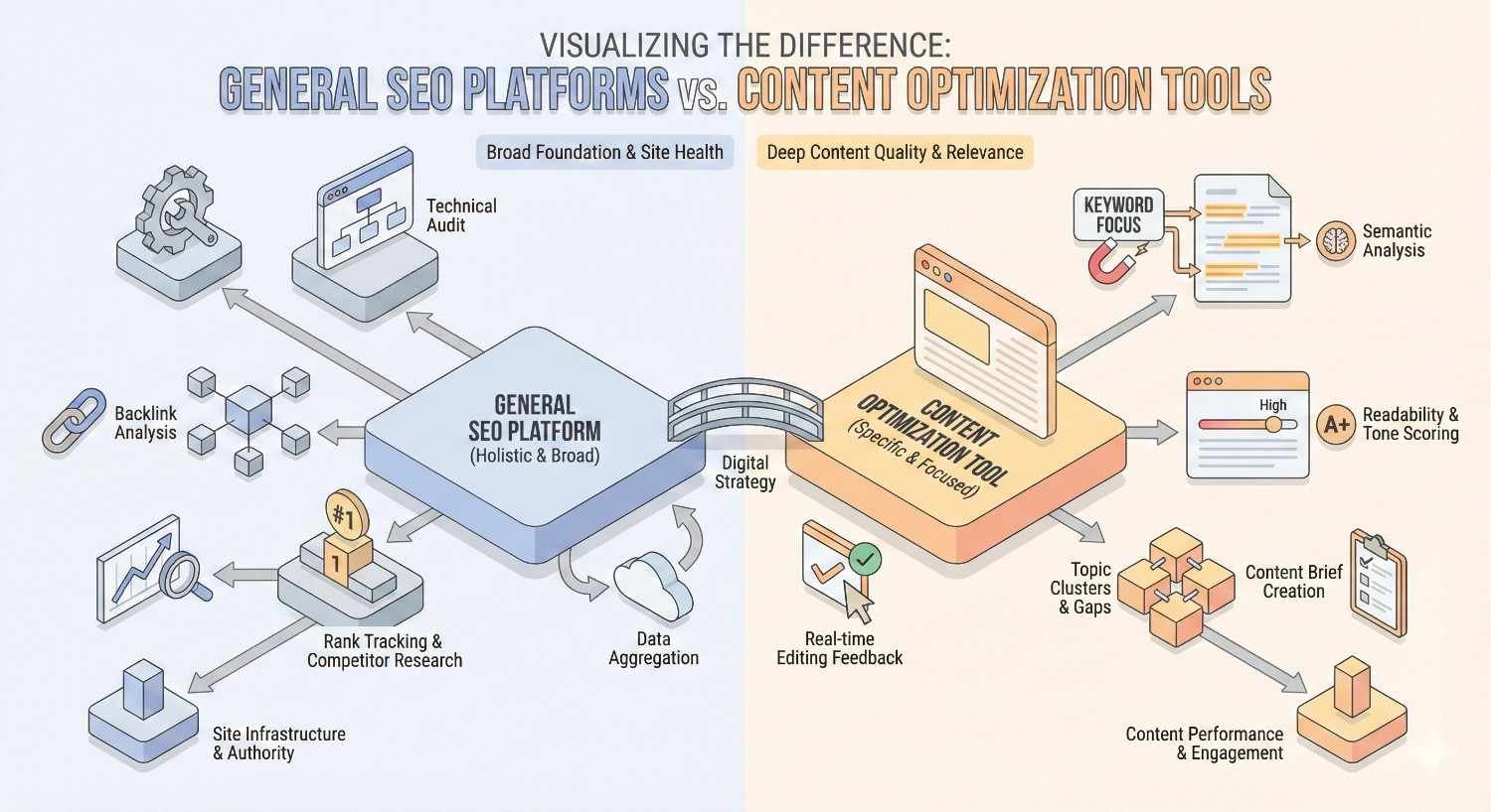 An infographic compares general SEO platforms and content optimization tools, showing technical audits, backlinks, rank tracking, and site health on one side, versus keyword focus, semantic analysis, readability scoring, topic clusters, content briefs, and performance tracking on the other.