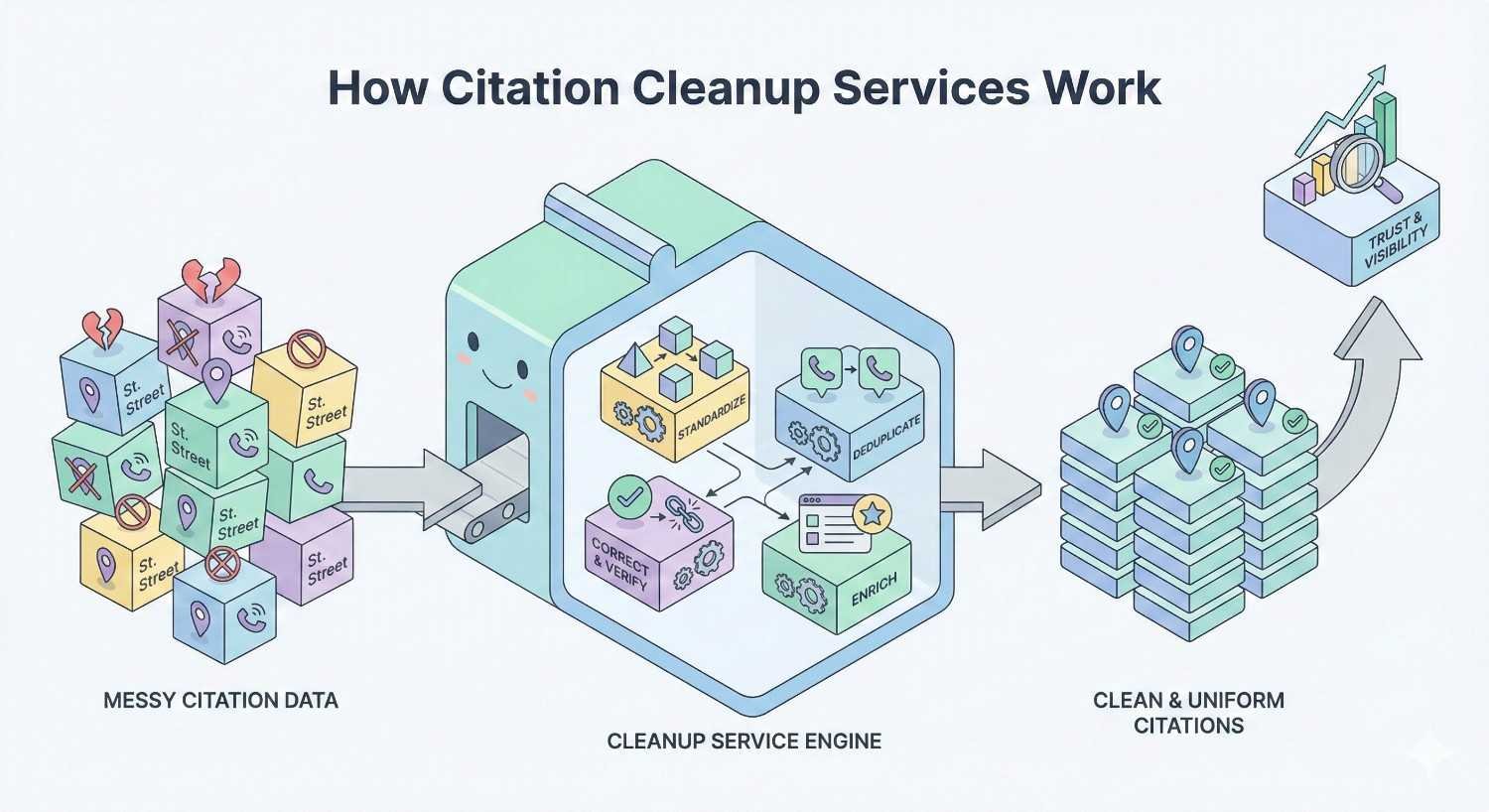 Diagram titled “How Citation Cleanup Services Work” showing messy, inconsistent business citation data entering a cleanup engine that standardizes, deduplicates, verifies, and enriches listings, producing clean, uniform citations that improve trust, search visibility, and local SEO performance.