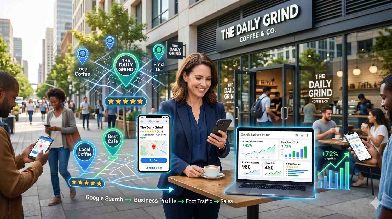 Local business owner using Google Business Profile to improve local SEO, Google Maps rankings, customer reviews, and foot traffic. Digital dashboard displays search visibility, business growth metrics, and location-based marketing performance, highlighting strategies for increasing local search rankings, website visits, and sales.