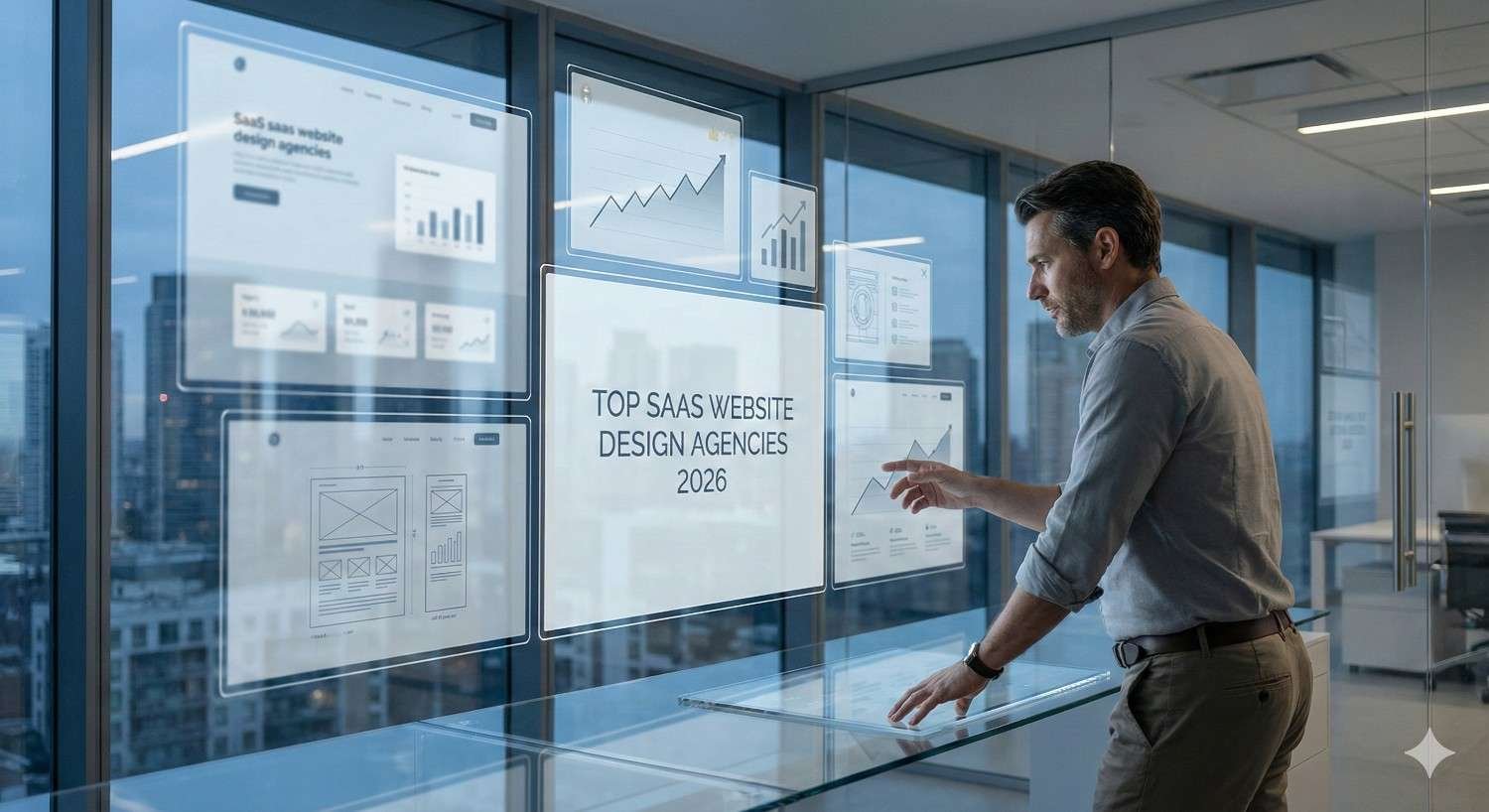 A professional man stands in a glass-walled office, interacting with transparent holographic screens labeled “Top SaaS Website Design Agencies 2026,” showing charts, wireframes, and analytics over a city backdrop, suggesting data-driven evaluation, digital strategy, and modern tech workspace planning.