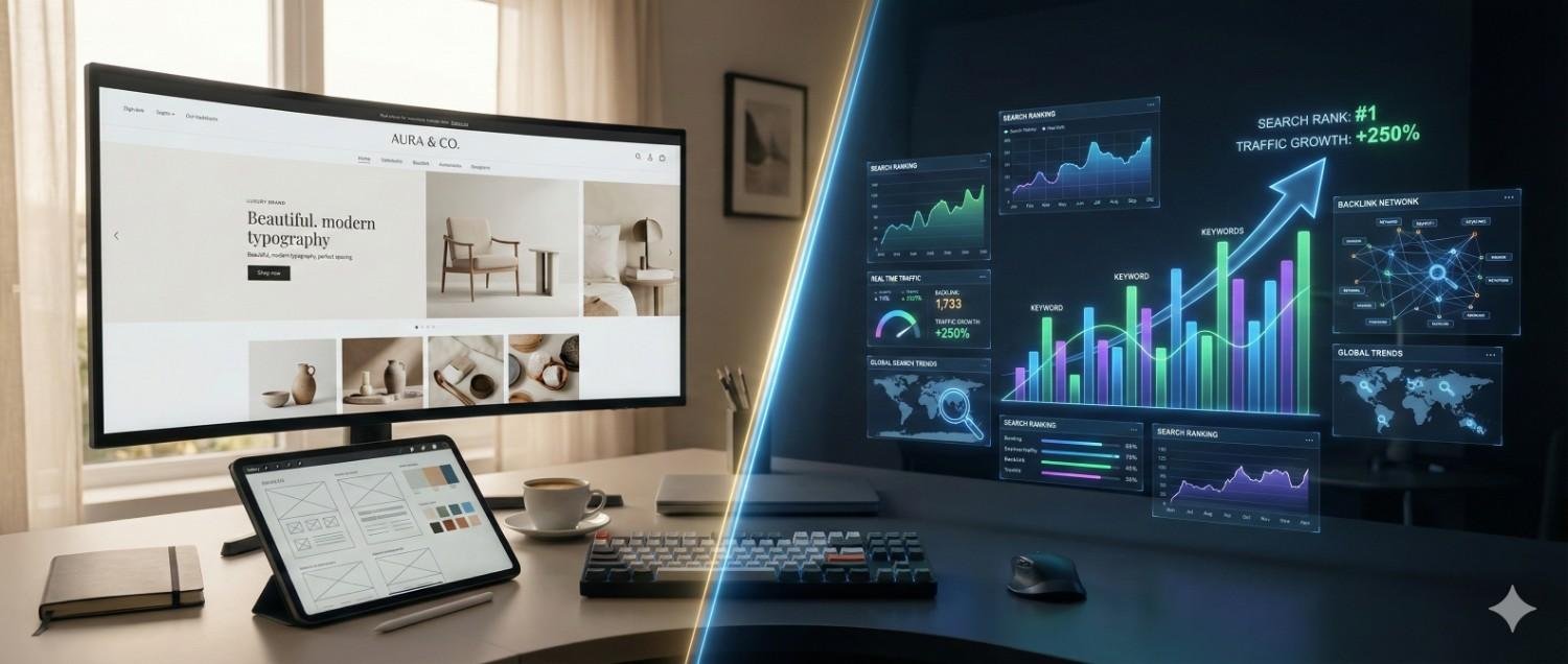 Split-screen workspace shows web design mockups and typography layouts on one side, and glowing SEO dashboards with rising traffic, rankings, and backlink networks on the other, illustrating the contrast and connection between creative website design and data-driven search optimization.