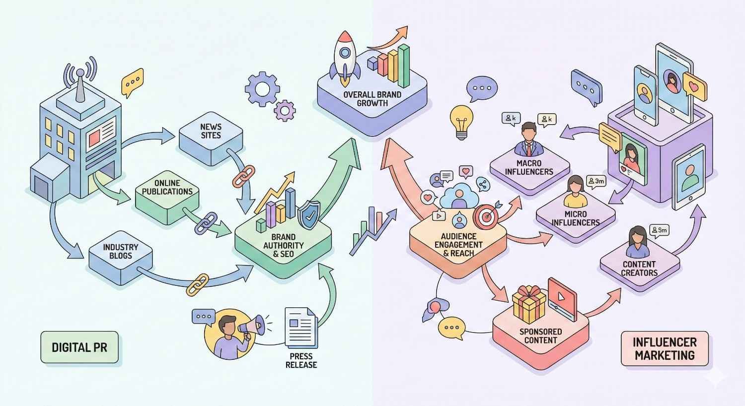 An isometric diagram compares digital PR and influencer marketing, showing publications, blogs, and press releases boosting brand authority and SEO on one side, and creators, macro and micro influencers, sponsored content, and social platforms driving audience engagement and overall brand growth.