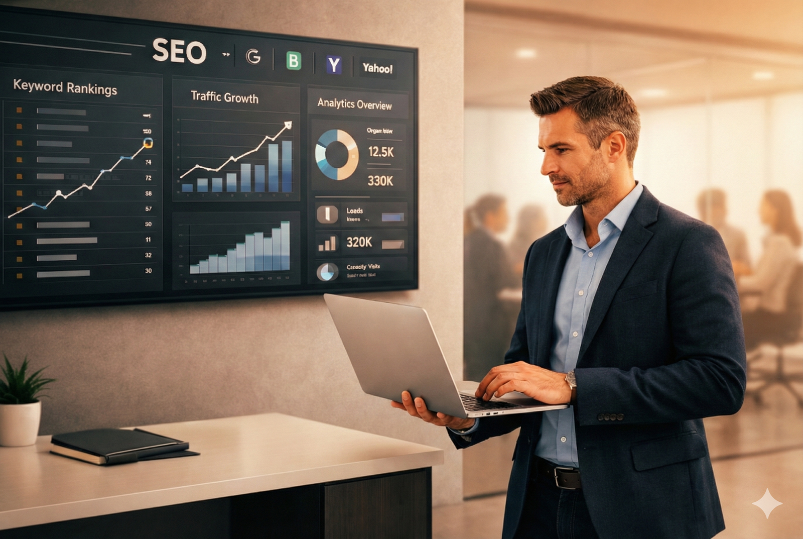 Businessman working on a laptop in a modern office while a wall-mounted SEO dashboard displays keyword rankings, traffic growth, analytics charts, and search engine icons, with blurred coworkers visible through glass in the background.