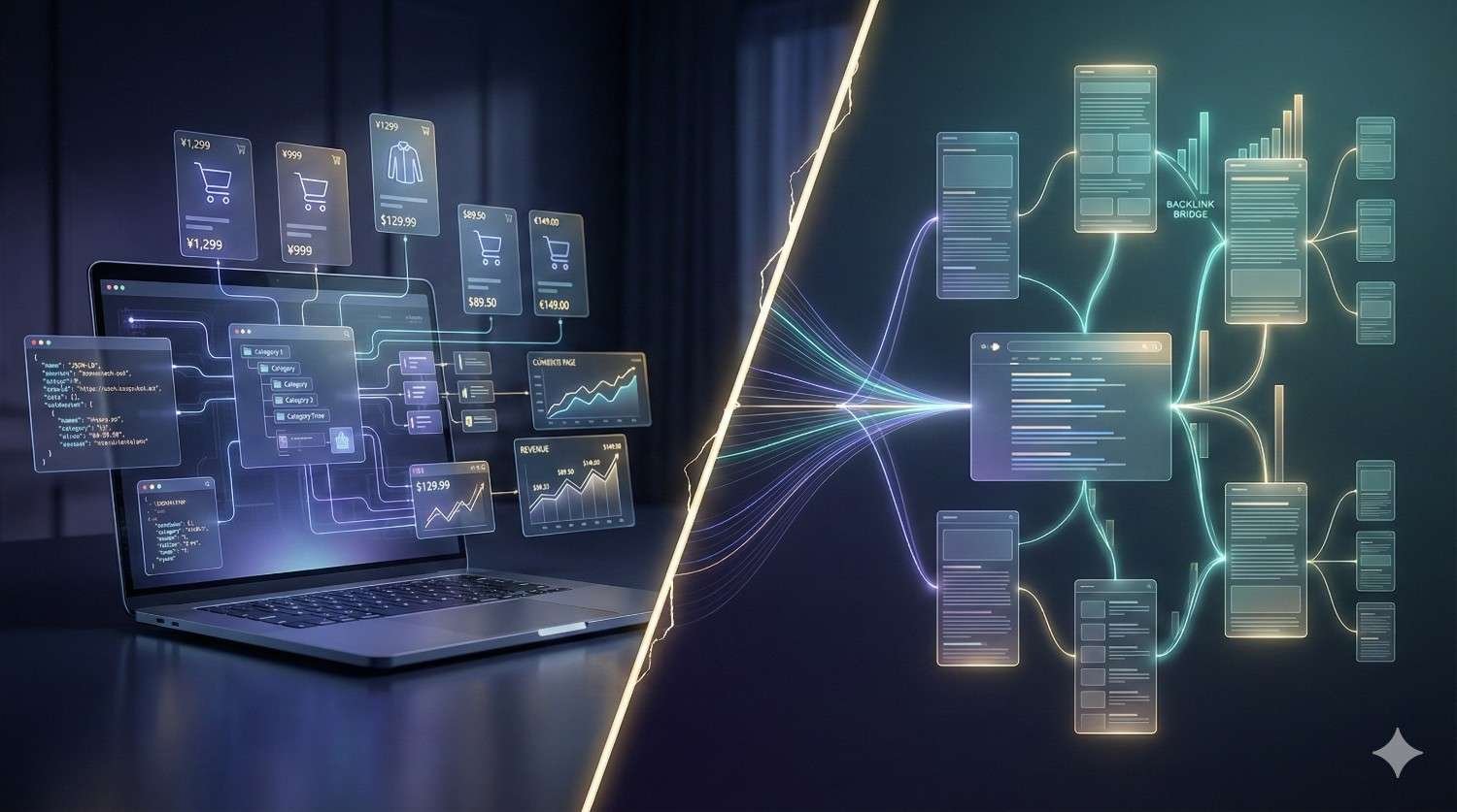 A futuristic split-screen illustration showing a laptop on the left with floating ecommerce dashboards, code panels, shopping carts, prices, and analytics graphs, while the right side displays interconnected web pages and data nodes linked by glowing lines, symbolizing SEO optimization, site architecture, and digital data flow.