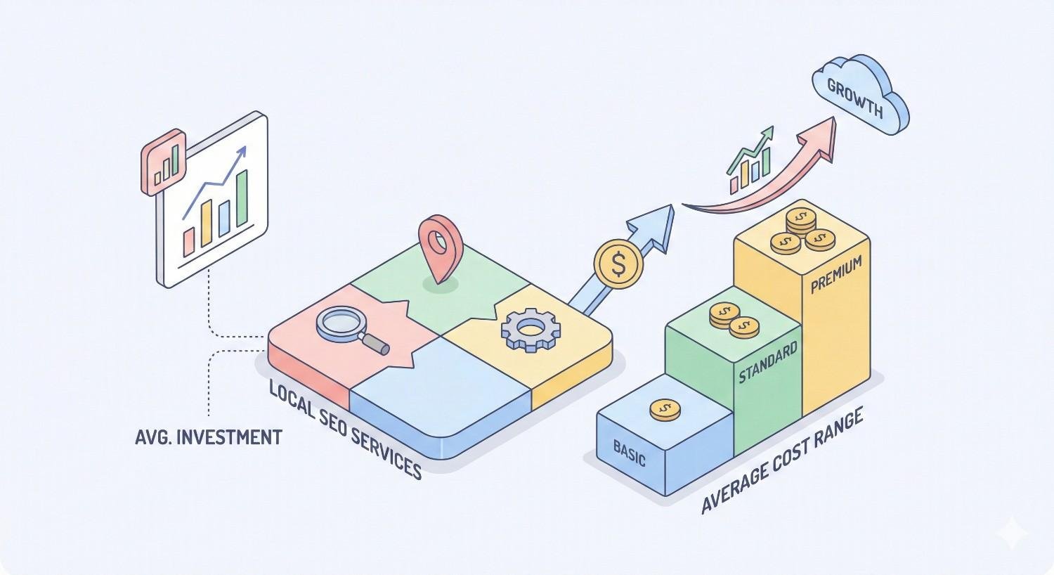 An illustration shows average investment in local SEO services flowing into tiered pricing blocks labeled basic, standard, and premium, with coins, upward arrows, growth icons, and charts indicating increasing cost ranges and business performance gains.