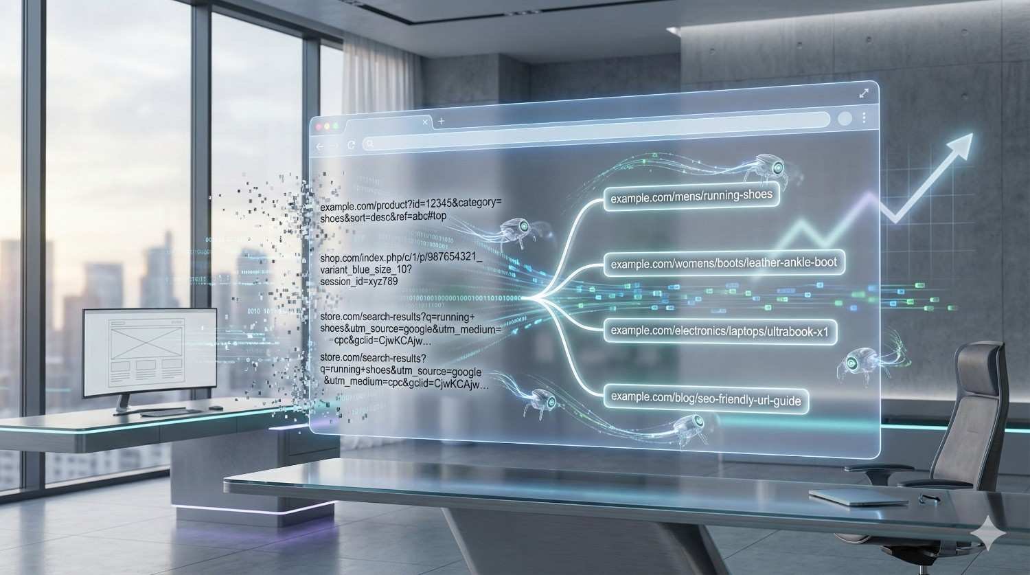 A modern office scene shows a transparent browser interface transforming messy parameter-filled URLs into clean SEO-friendly links, with glowing data streams, crawling spiders, branching site paths, and upward charts, illustrating product URL optimization and improved ecommerce search performance.
