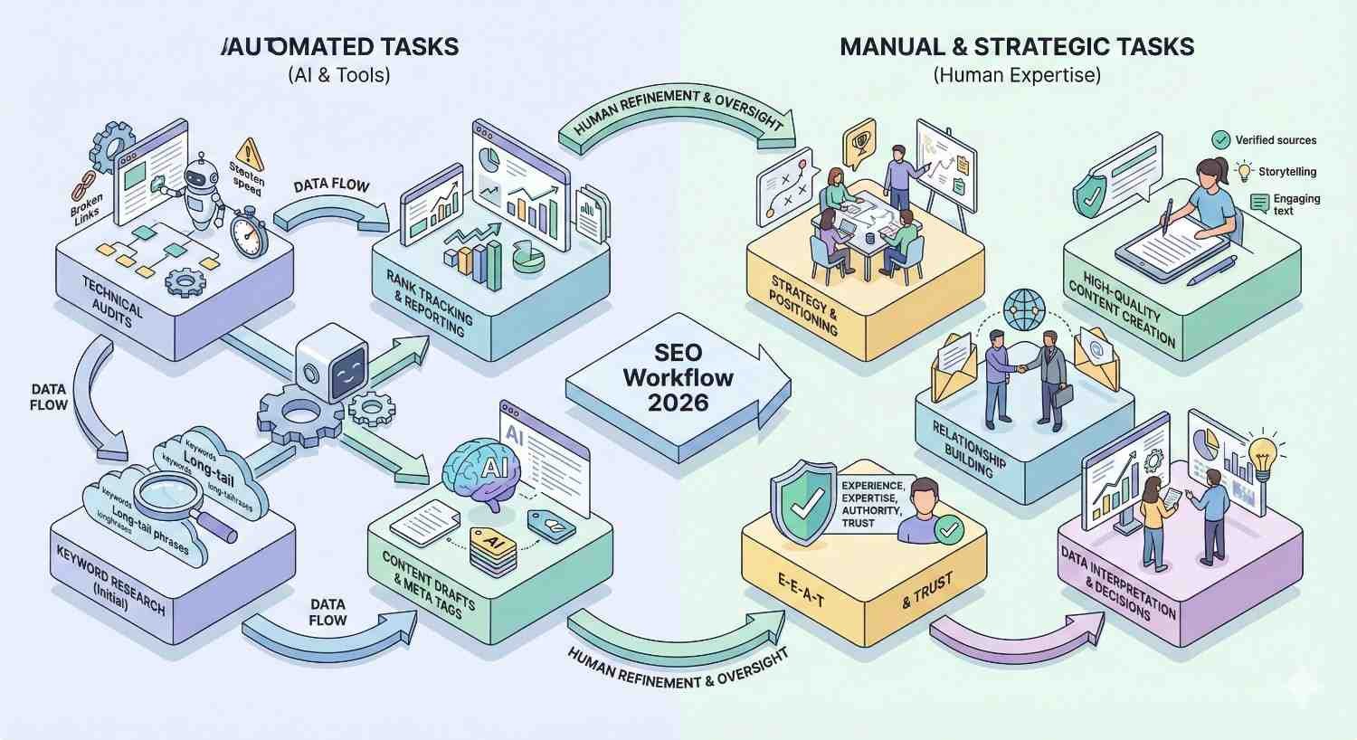 An infographic titled “SEO Workflow 2026” comparing automated AI tasks like audits, keyword research, content drafts, and rank tracking with human strategic work such as positioning, content creation, relationship building, data interpretation, and trust building, linked by arrows showing refinement and oversight