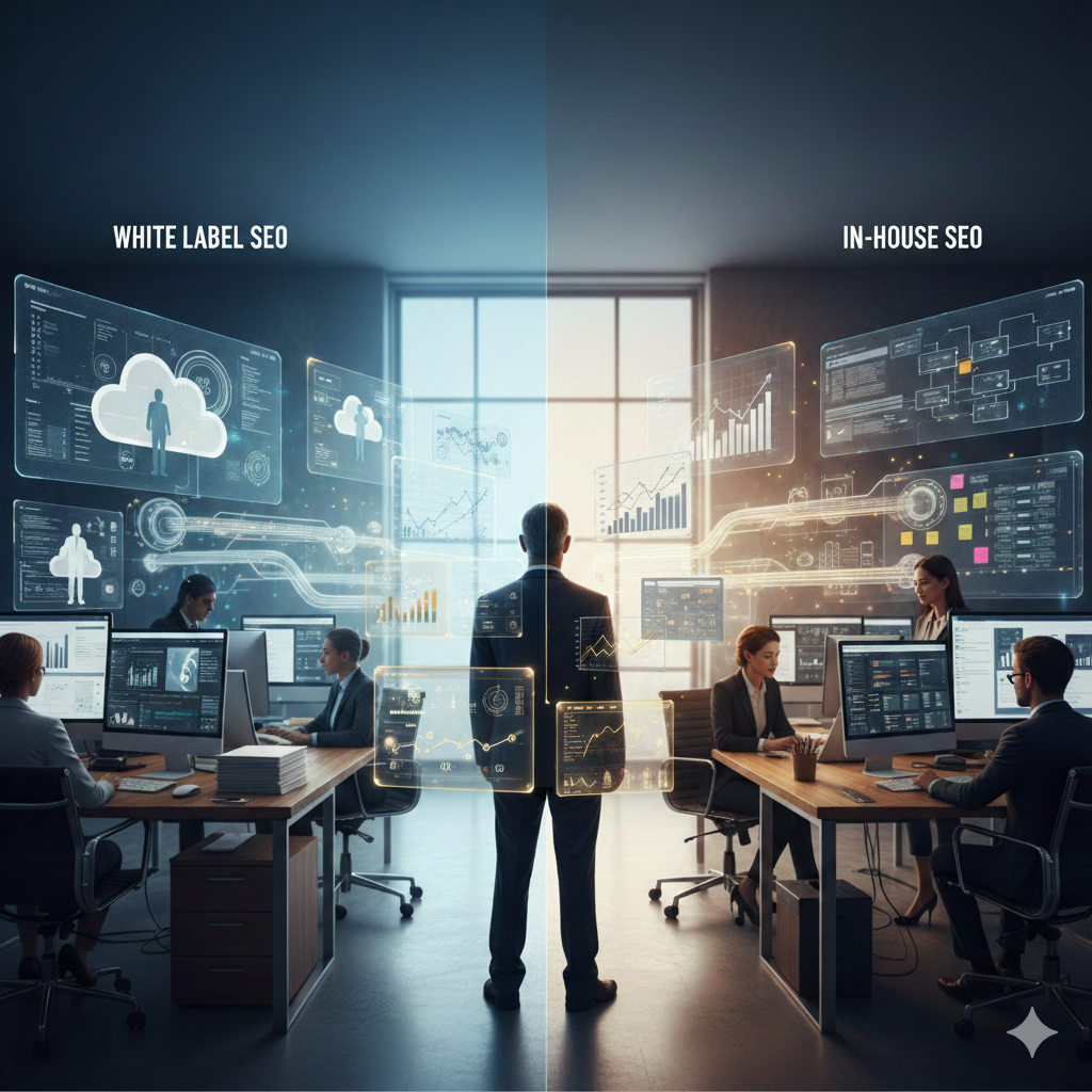 Split-screen office scene comparing white label SEO and in-house SEO teams, with professionals working at desks, digital analytics dashboards, performance charts, and SEO data visualizations, illustrating strategic differences in search engine optimization workflows, resources, and growth management.