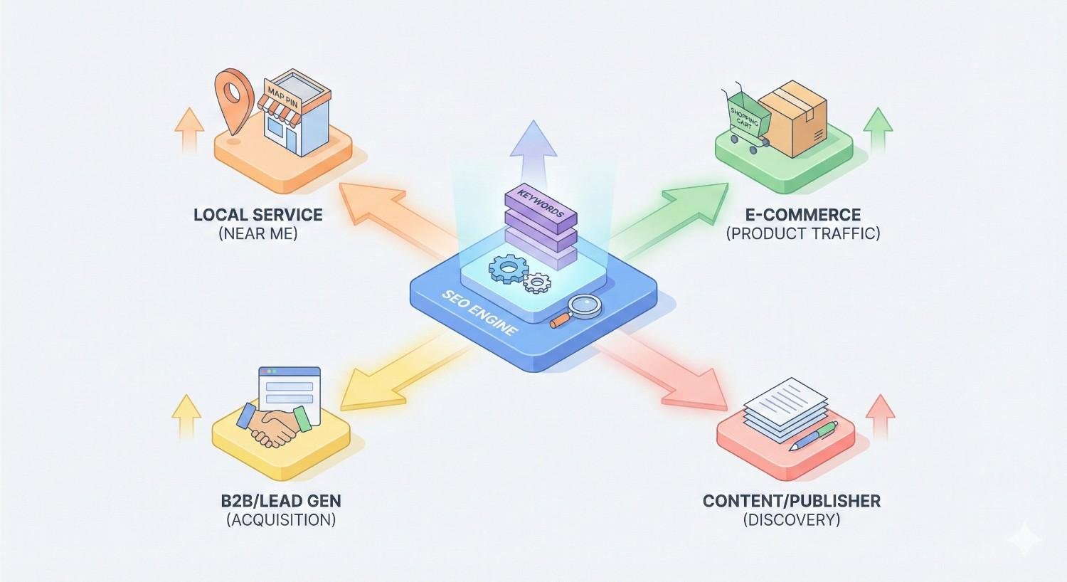 Isometric diagram of an SEO engine with keyword stack at the center sending arrows to four goals: local “near me” services, e-commerce product traffic, B2B lead generation, and content publishing, showing how search optimization drives different business outcomes.