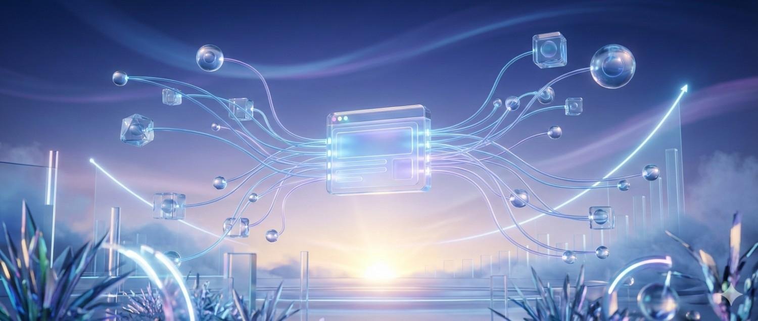 Futuristic sunrise landscape with a glowing digital interface floating in the center, sending luminous data streams to surrounding cubes and spheres, with rising bar charts and abstract plants below, symbolizing content distribution, data flow, and digital growth.
