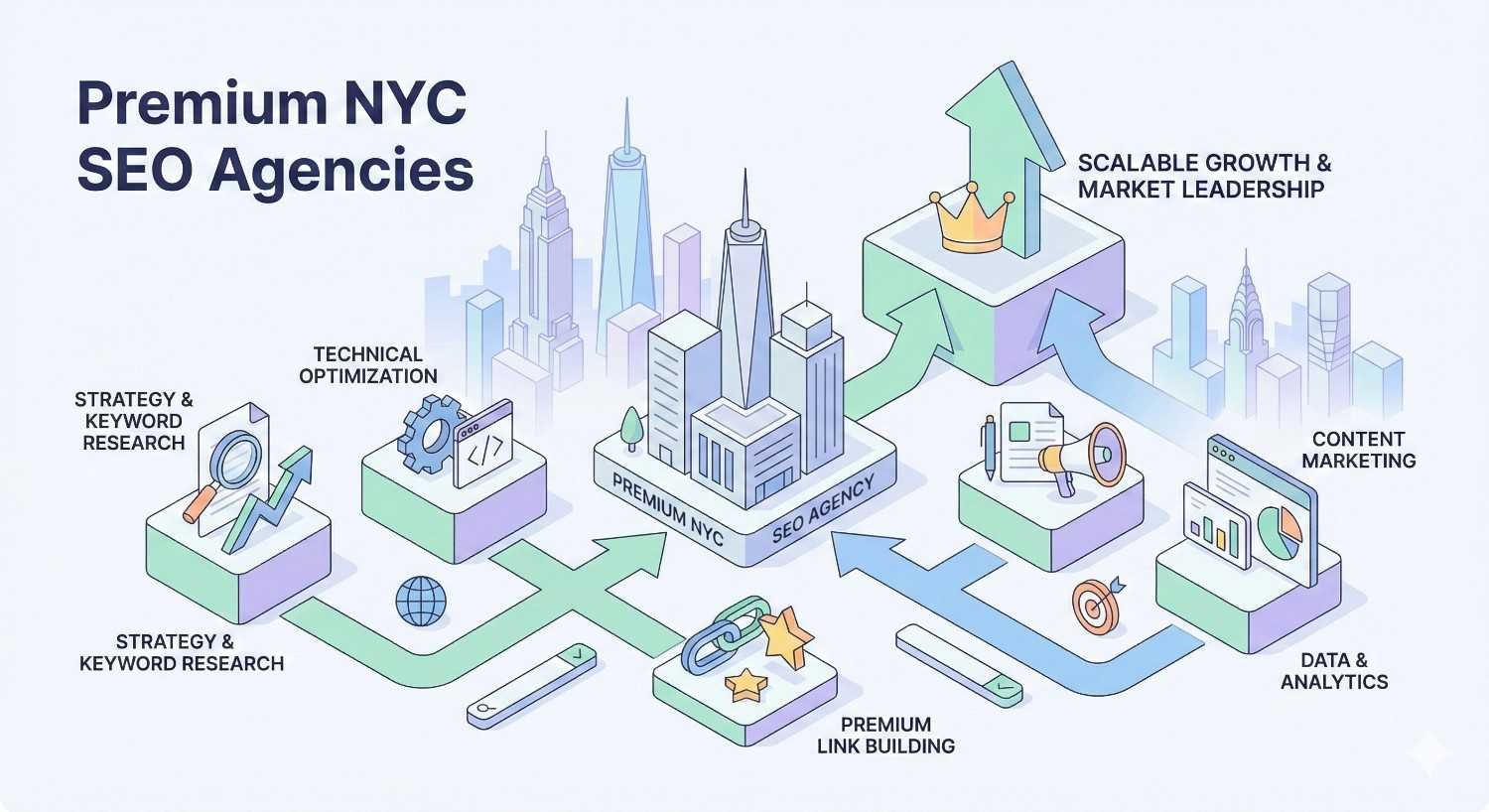 Isometric illustration titled “Premium NYC SEO Agencies” showing a city hub labeled “Premium NYC SEO Agency” connected by arrows to strategy and keyword research, technical optimization, content marketing, data and analytics, premium link building, and scalable growth, with charts, tools, and pastel skyscrapers in the background.