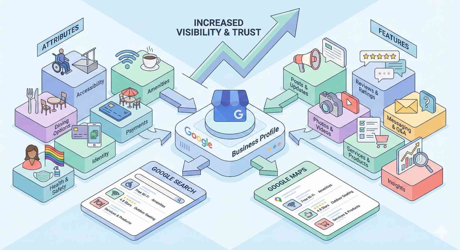 Isometric infographic showing a Google Business Profile at the center connected to attributes, amenities, payments, accessibility, reviews, photos, posts, messaging, services, and insights, feeding into Google Search and Maps, with an upward arrow for increased visibility and trust.