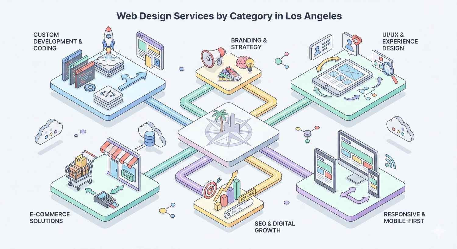 An isometric infographic titled “Web Design Services by Category in Los Angeles” shows six connected platforms for custom development, branding, UI/UX, ecommerce, SEO growth, and responsive design, linked around a central city icon with arrows, devices, rockets, charts, and shopping visuals.
