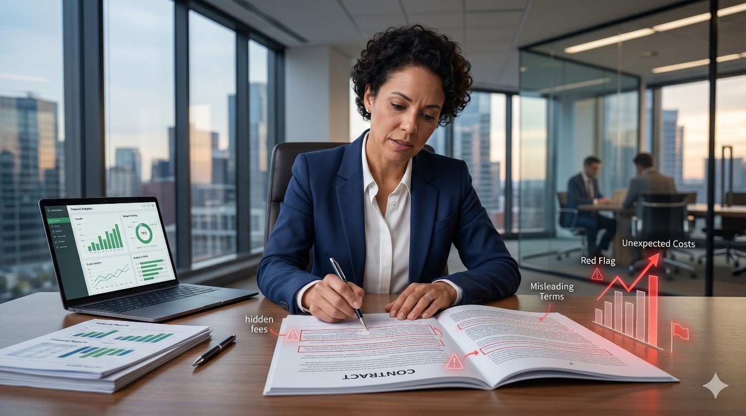 Business professional reviewing a marketing or service contract, identifying hidden fees, misleading terms, unexpected costs, and financial risks. Contract analysis and due diligence process focused on transparency, compliance, cost management, risk assessment, and informed business decision-making to protect profitability and long-term growth.