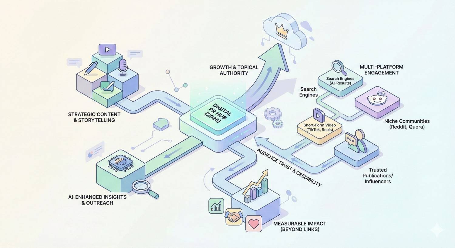 An illustrated diagram shows a central “Digital PR Hub 2025” connected to content strategy, AI outreach, search engines, short-form video, niche communities, influencers, and analytics, with arrows highlighting growth, authority, audience trust, and measurable impact across multiple platforms.