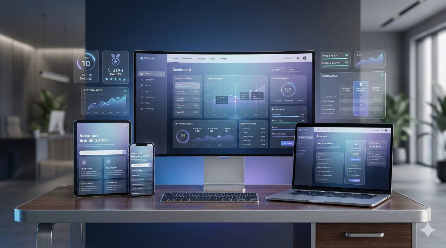 A modern office desk with a large curved monitor, laptop, tablet, and smartphone displaying sleek analytics dashboards, charts, ratings, and performance metrics in a futuristic UI style, set in a softly lit workspace with plants and minimalist furniture in the background.