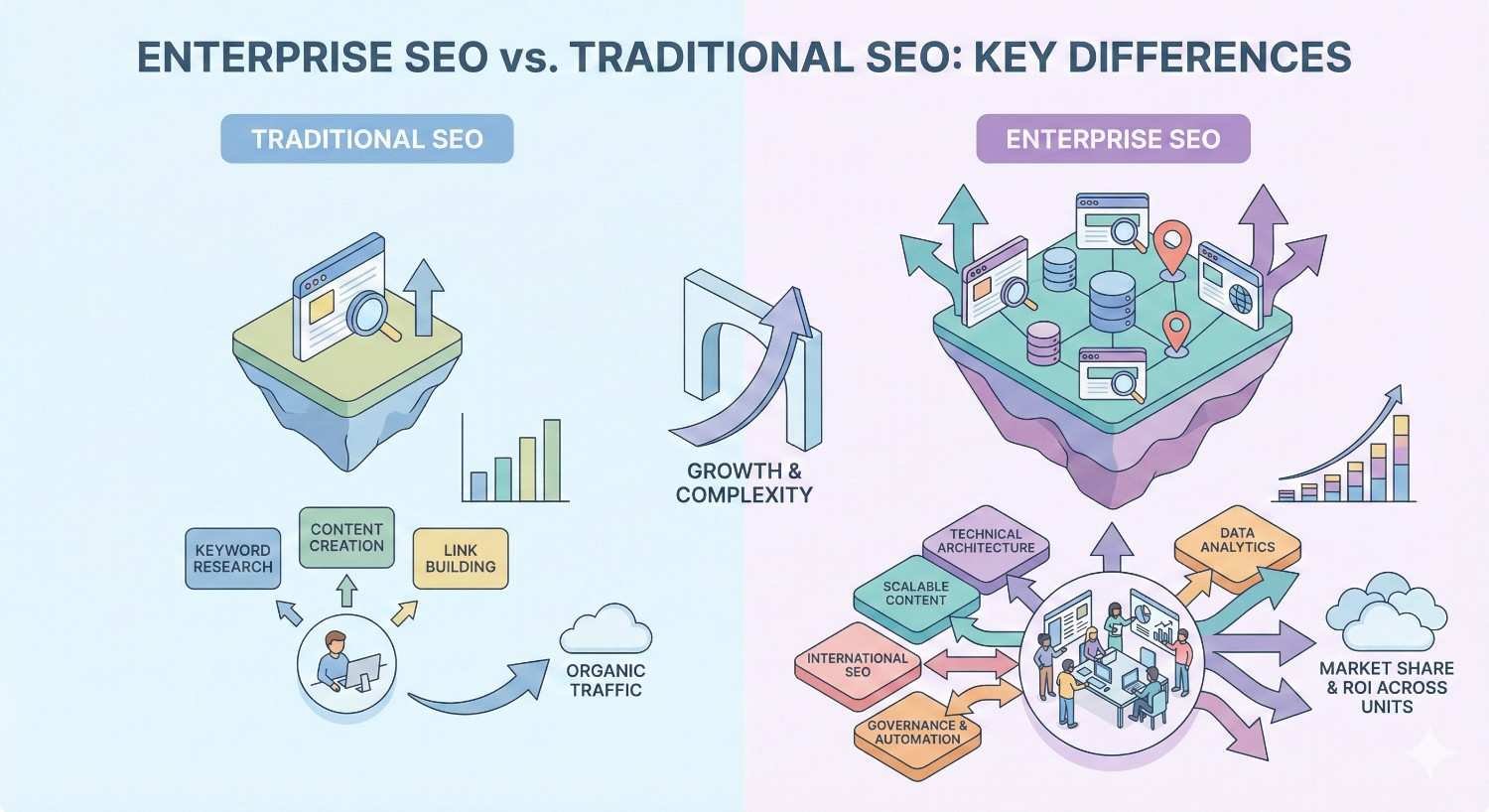 Comparison infographic titled “Enterprise SEO vs. Traditional SEO” showing traditional SEO with keyword research, content creation, and link building driving organic traffic, versus enterprise SEO with scalable content, technical architecture, analytics, automation, international reach, and growth across business units and markets.