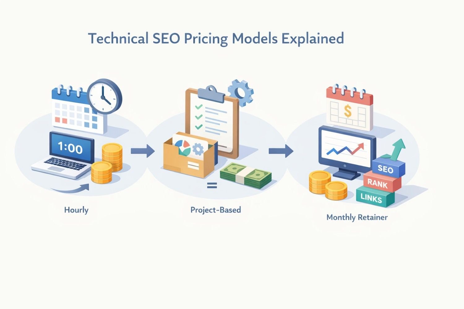 Illustration titled “Technical SEO Pricing Models Explained,” showing three pricing options: hourly billing with time tracking, project-based pricing with defined deliverables, and monthly retainer models focused on ongoing SEO performance, rankings, links, and long-term growth.