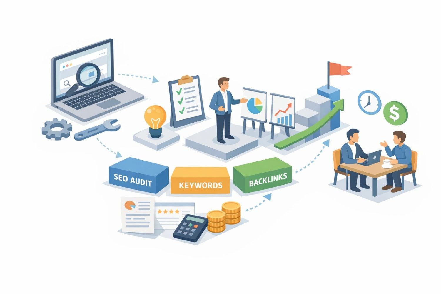 Illustration showing an SEO workflow from website analysis and audit to keyword research and backlink building, leading to strategy planning, performance tracking, client discussion, and business growth, represented with charts, checklists, tools, and upward growth arrows.