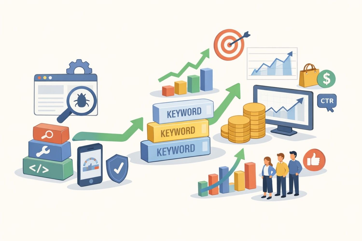 Illustrated SEO workflow showing keyword research, technical optimization, analytics, and growth. Icons include keywords stacked upward, charts rising, target goals, CTR, revenue coins, and users, connected by arrows to represent increased rankings, traffic, conversions, and business success through search engine optimization.