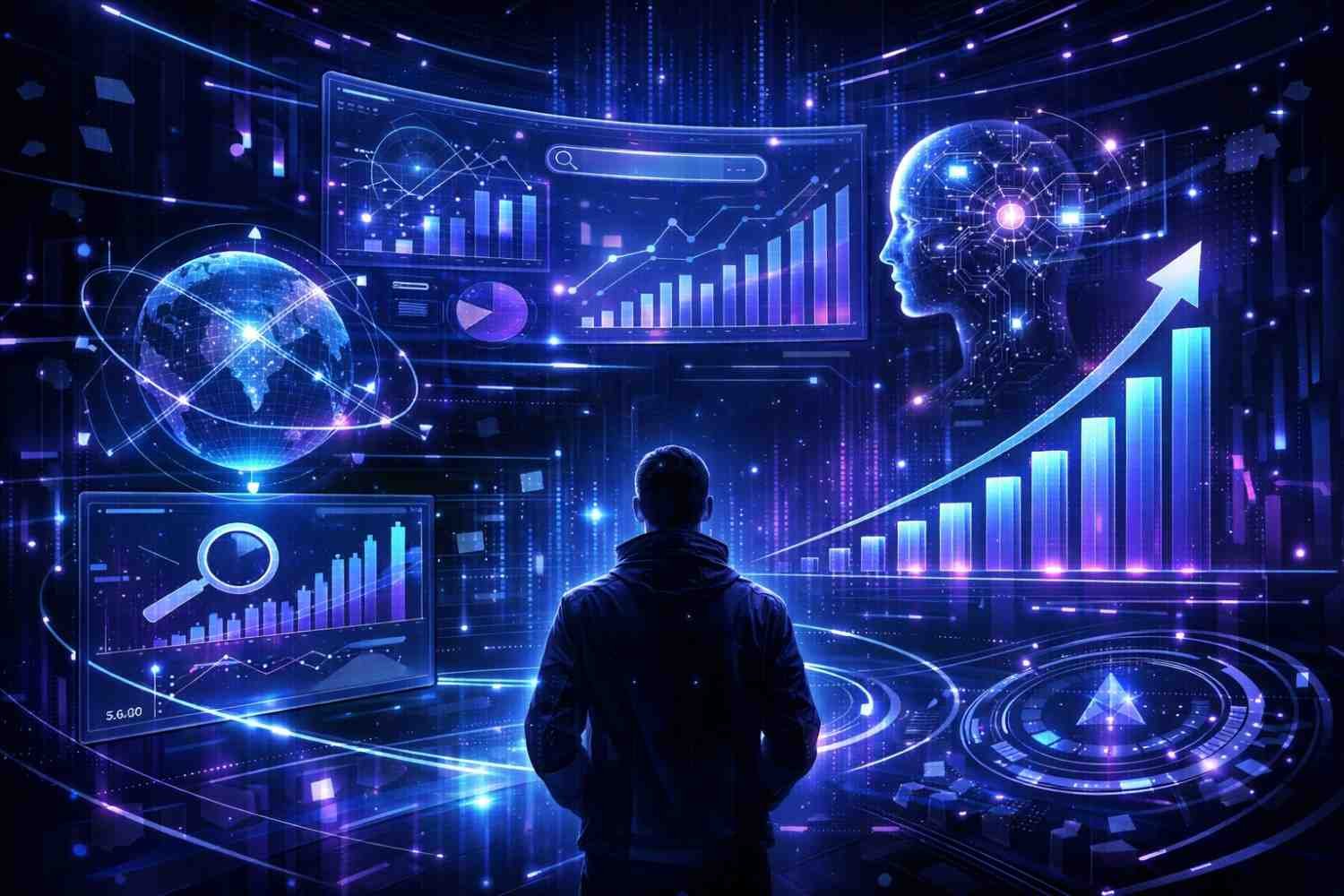 A futuristic digital scene shows a person viewing holographic dashboards with rising charts, global data, search analytics, and an AI human profile. Glowing blue and purple visuals symbolize advanced analytics, artificial intelligence, data-driven decision-making, and rapid business or SEO growth.