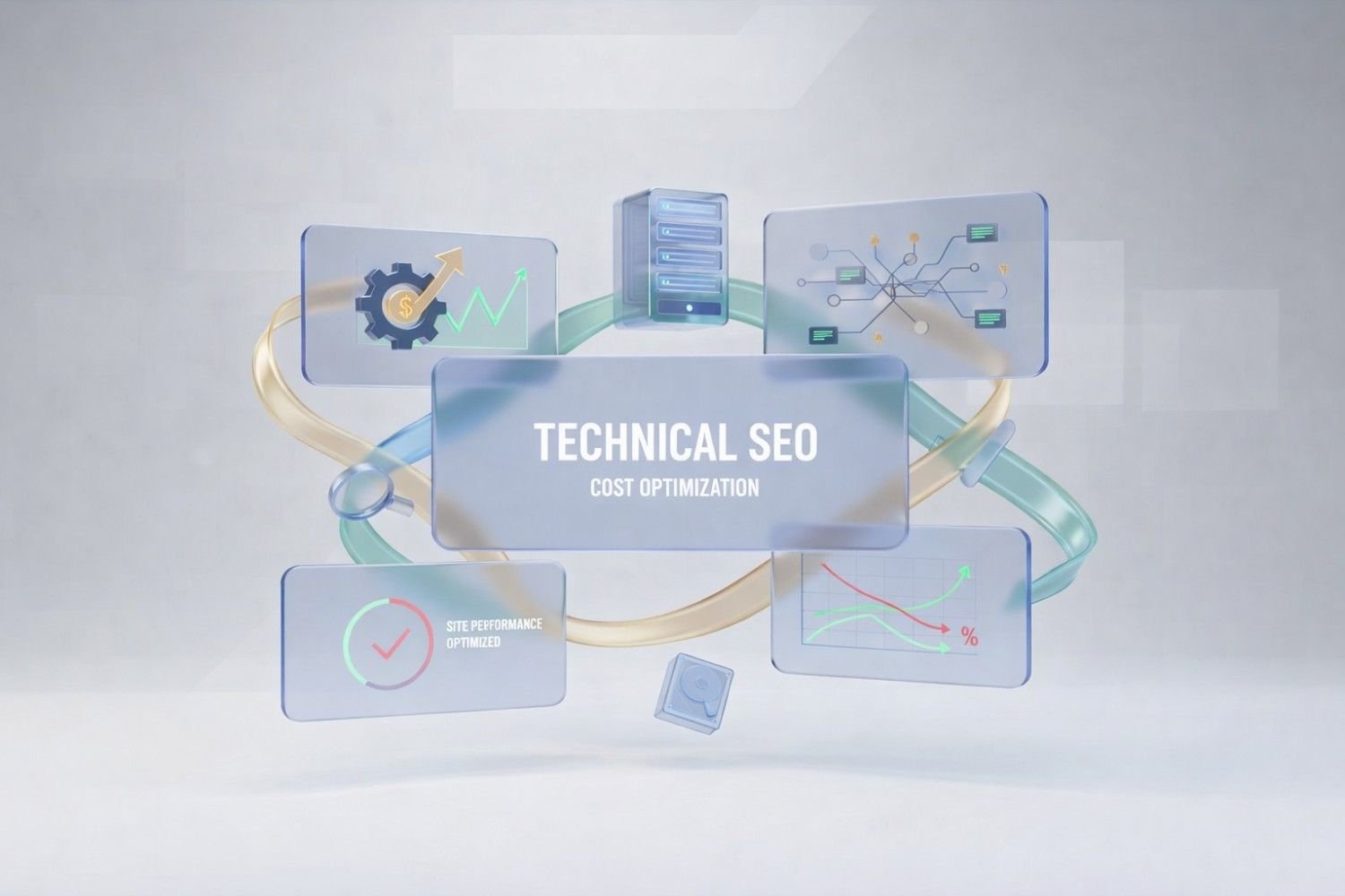A clean, abstract illustration labeled “Technical SEO – Cost Optimization” shows interconnected panels with server icons, site architecture, performance checks, and rising or declining graphs. Flowing loops connect elements to represent efficient infrastructure, optimized performance, reduced costs, and improved search engine visibility.