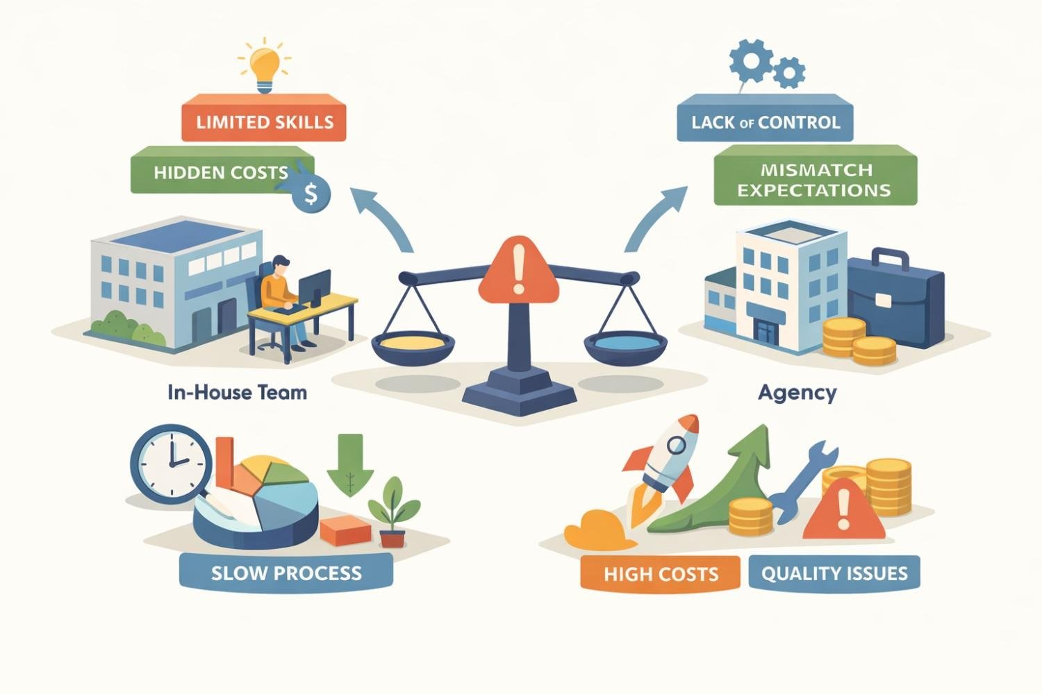 Illustration comparing in-house teams and agencies, showing trade-offs. In-house faces limited skills, hidden costs, and slow processes, while agencies risk lack of control, mismatched expectations, high costs, and quality issues, balanced on a scale to highlight decision challenges.