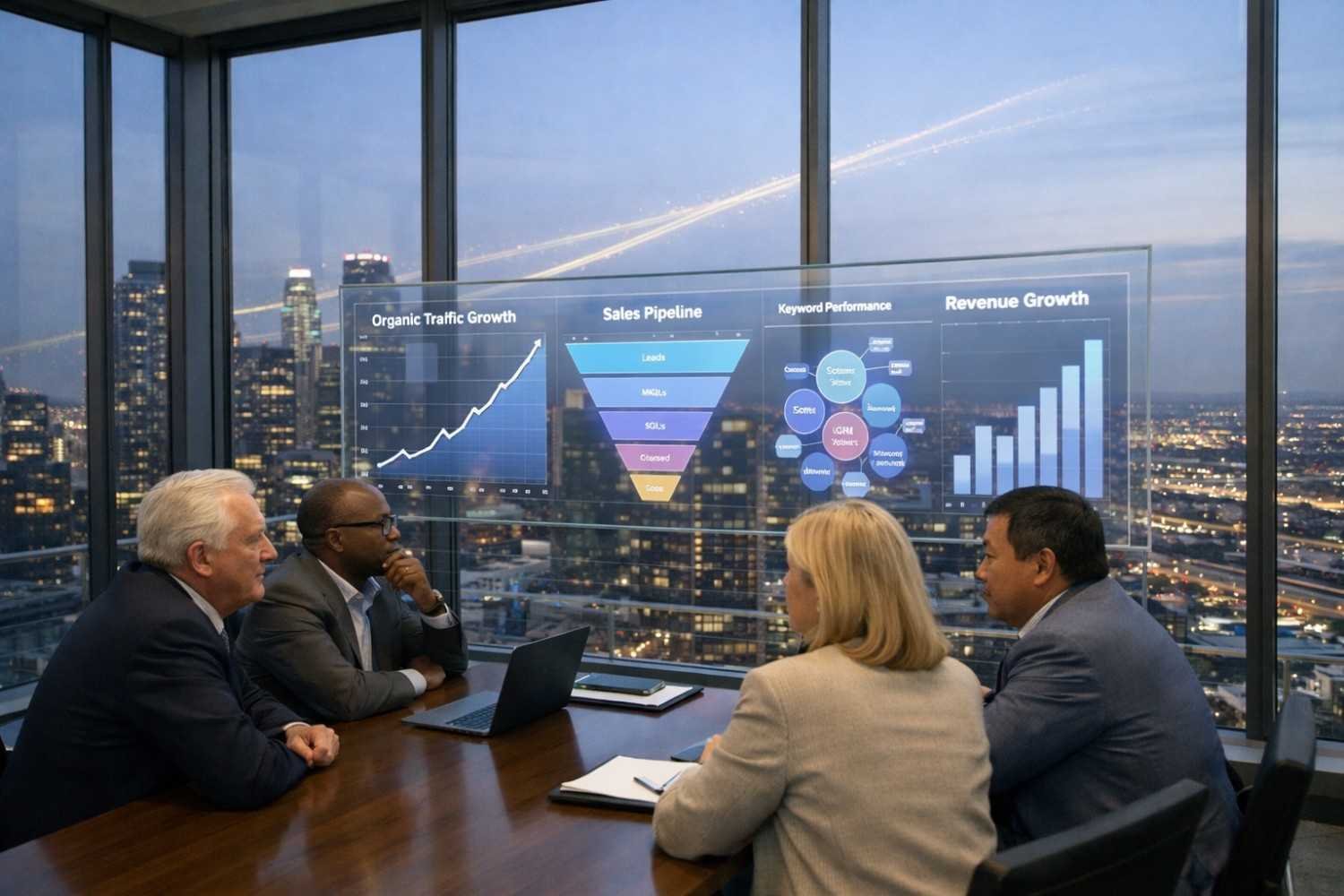 Business team meeting in a modern office overlooking a city at night, reviewing a transparent analytics dashboard showing organic traffic growth, sales pipeline stages, keyword performance, and revenue growth charts, representing data-driven SEO strategy and executive decision-making.