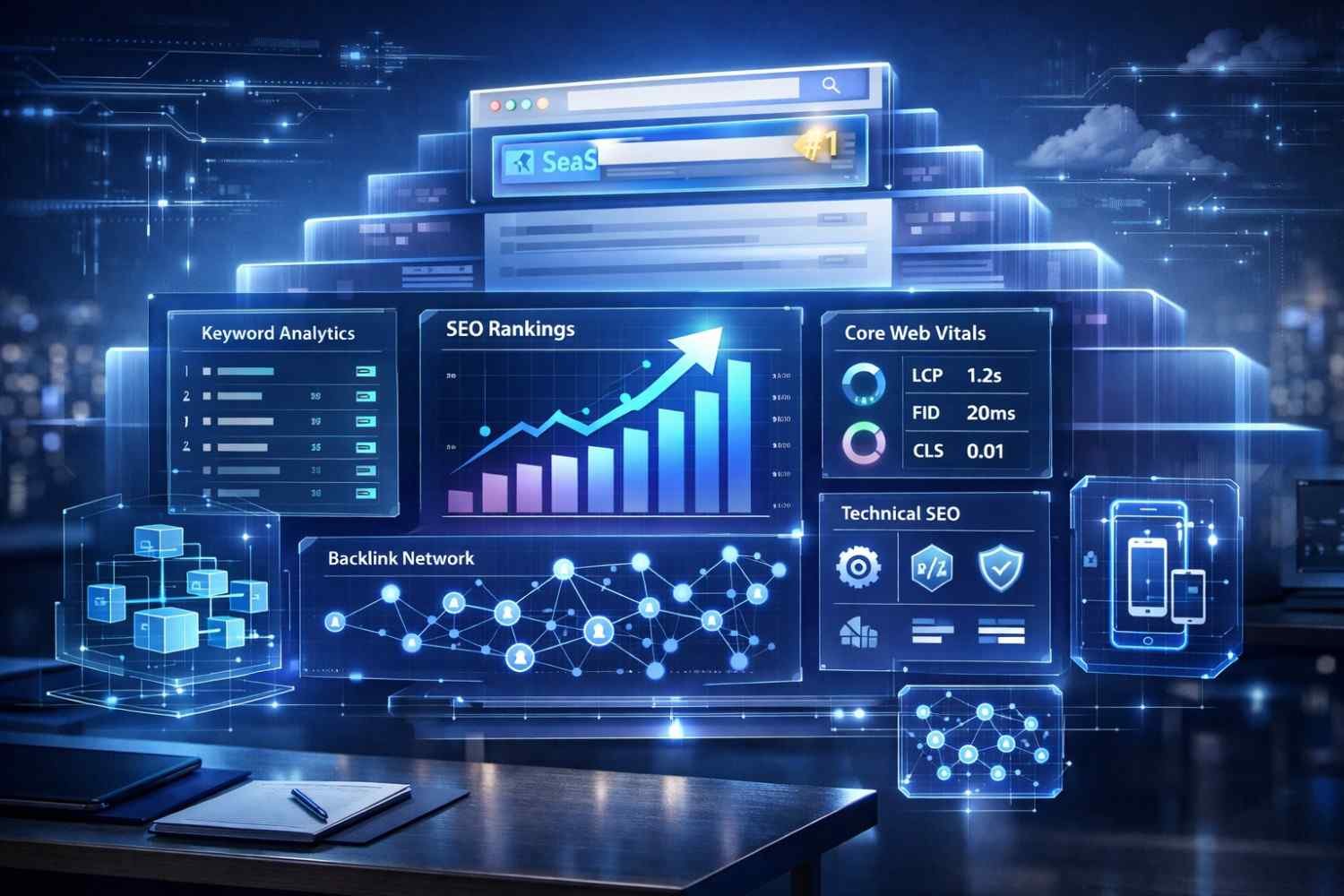 Futuristic SEO analytics dashboard showing keyword analytics, rising SEO rankings, Core Web Vitals metrics, backlink network visualization, and technical SEO indicators, with a search result ranked number one, representing advanced SaaS SEO performance, optimization, and data-driven growth.
