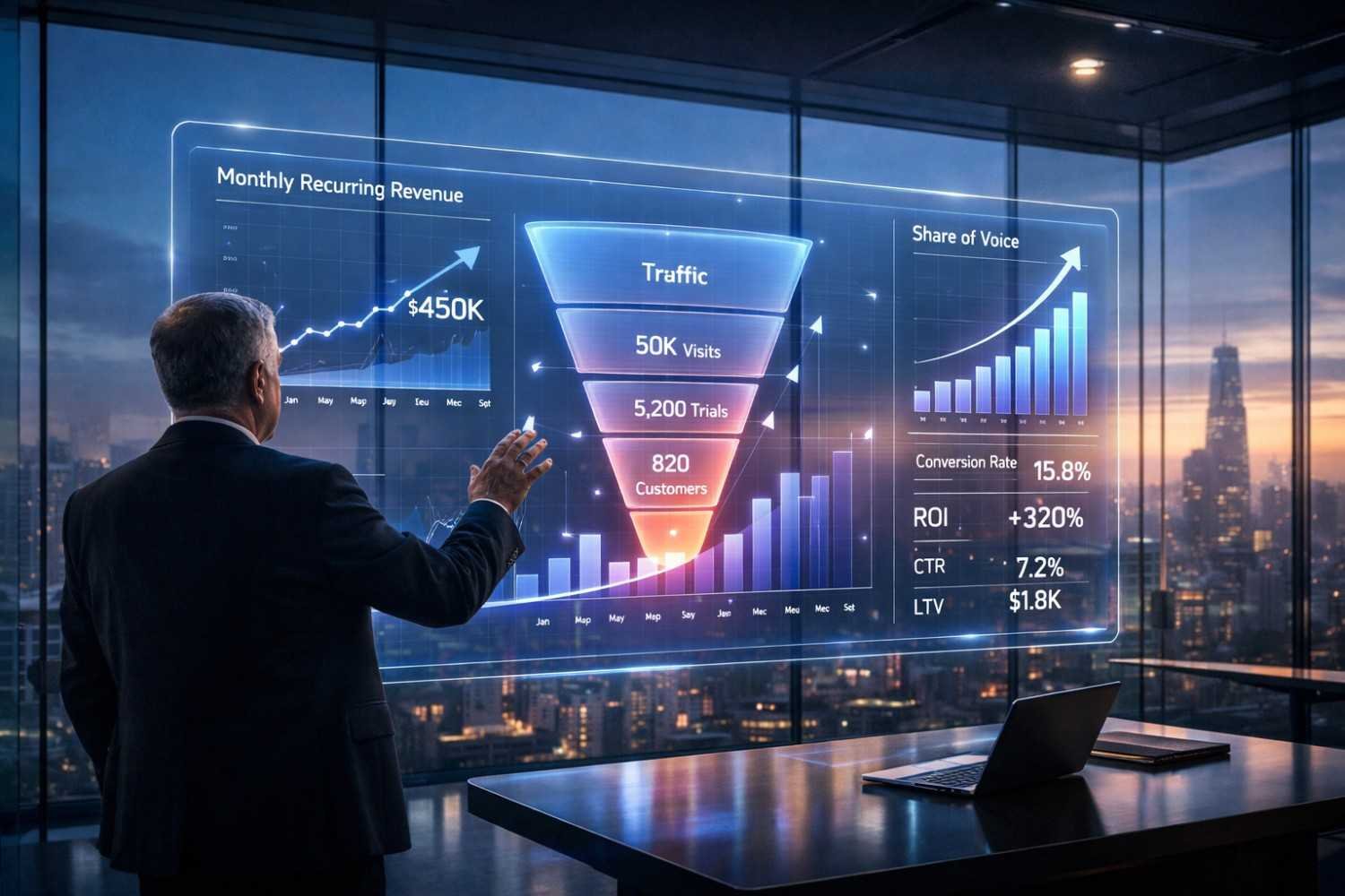 Executive analyzing a futuristic holographic analytics dashboard in a high-rise office, showing monthly recurring revenue growth, traffic-to-customer funnel, share of voice, conversion rates, ROI, and lifetime value, with a city skyline at dusk highlighting data-driven SaaS growth strategy.