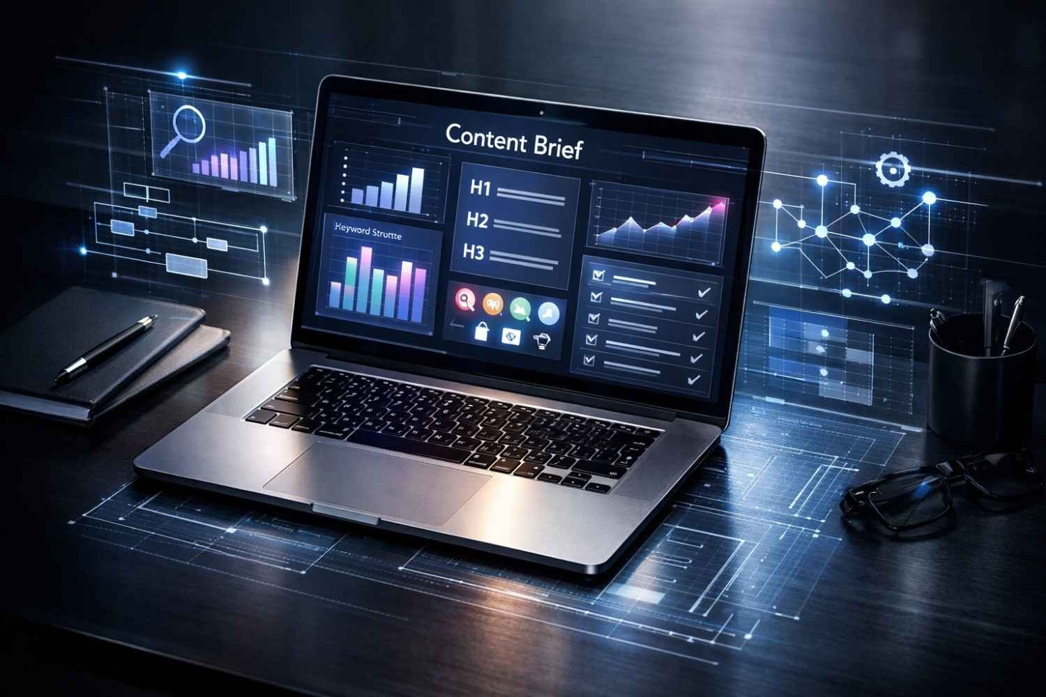 A laptop on a dark desk displays a digital “Content Brief” dashboard with charts, keyword data, headings, and checklists, surrounded by floating holographic analytics panels, graphs, and network diagrams, alongside a notebook, pen, glasses, and office accessories.