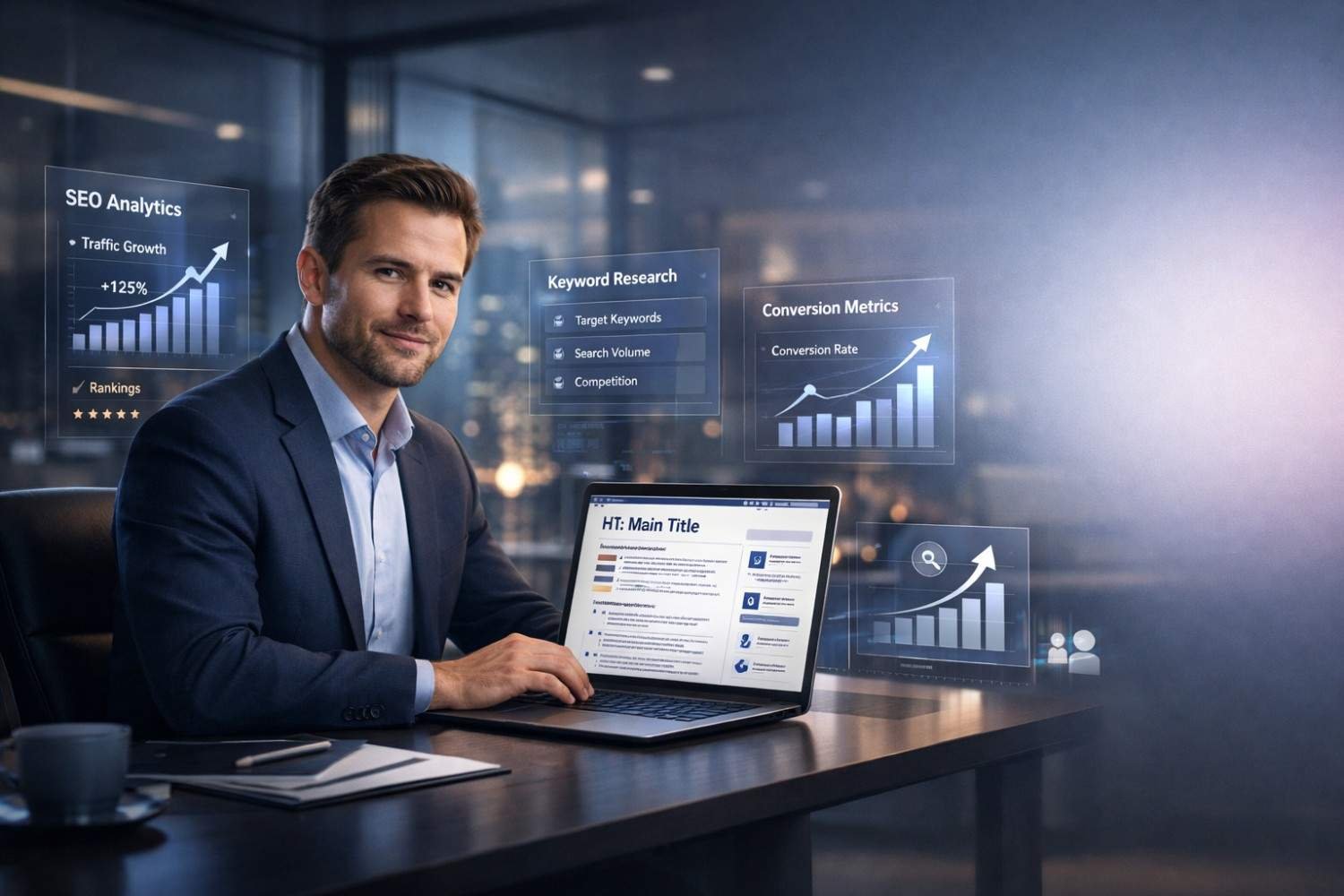 A man in a modern office works on a laptop showing a website draft while transparent dashboards float around him with SEO analytics, keyword research, traffic growth, and rising conversion charts, suggesting digital marketing strategy, optimization, and data-driven performance improvements.