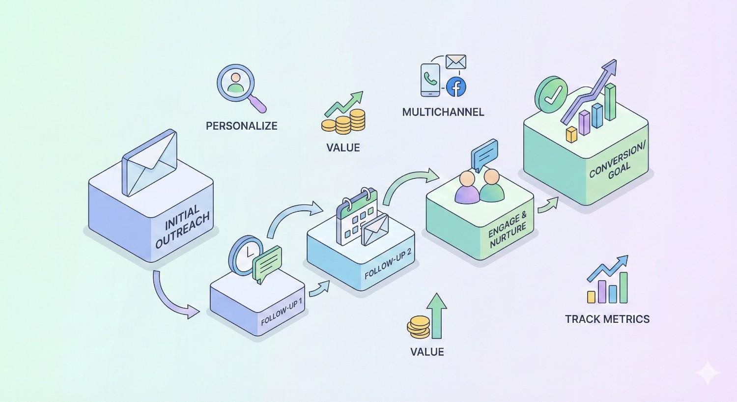 Diagram showing a sales or outreach funnel: initial outreach, follow-up stages, engage and nurture, and conversion goal, with icons for personalization, multichannel contact, value, coins, charts, and tracking metrics connected by arrows.
